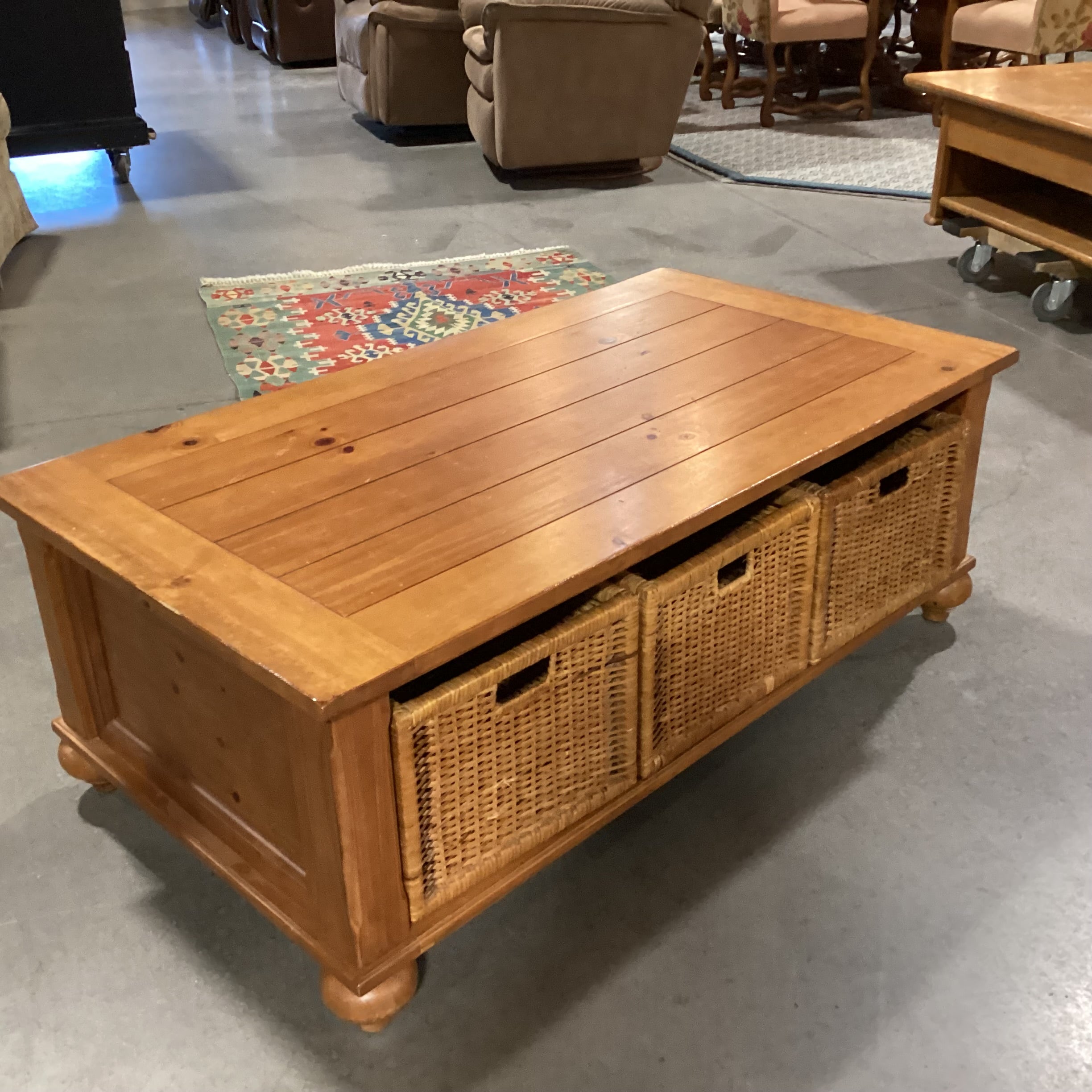 Finished Plank Wood & 3 Double Sided Basket Drawers Coffee Table 50"x 27"x 18.5"