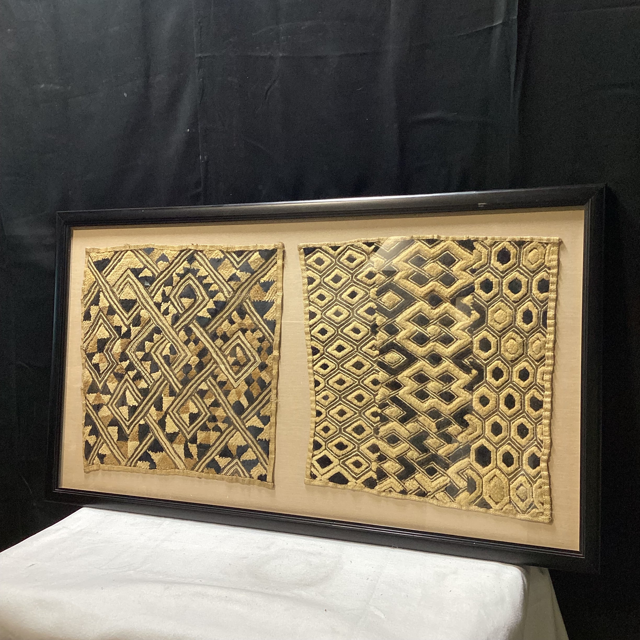 Vintage Kuba Shoowa Cloths In Black Frame 26.5" x 47.5"