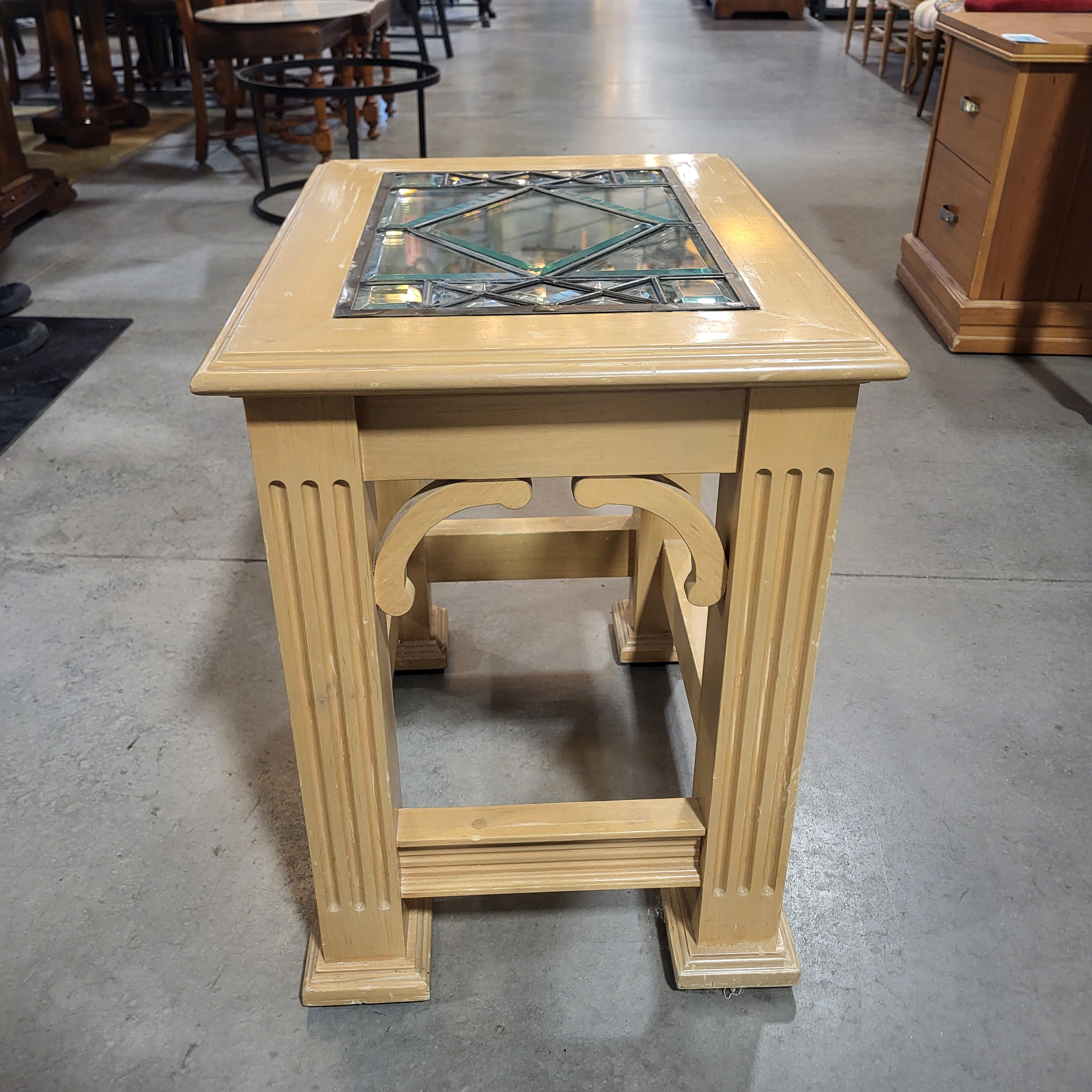 Light Wood with Leaded Glass Top End Table 24"x 18"x 24.5"