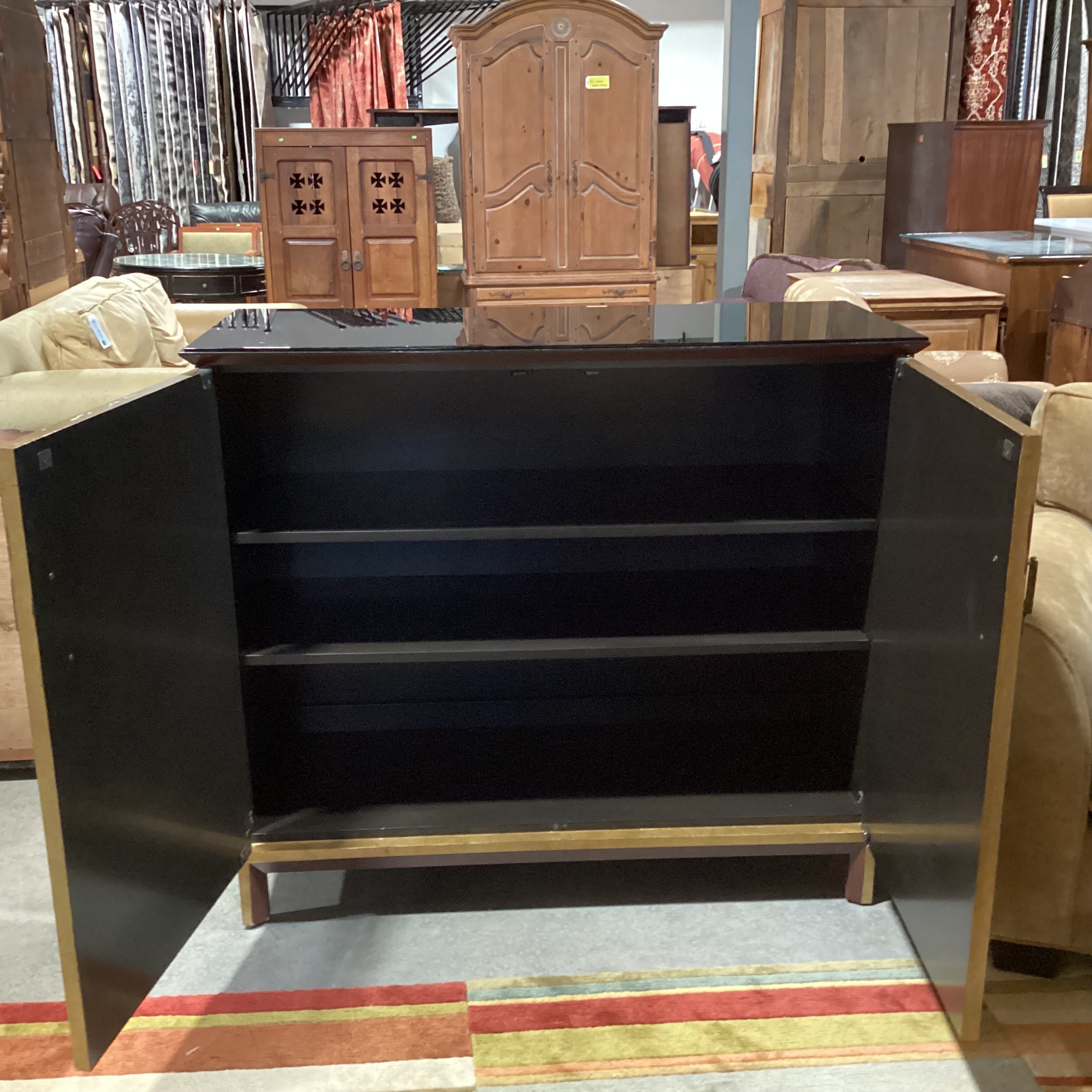 Asian Style Gold Painted Design with Brass Pulls & Black Glass Top 2 Door with Shelves Cabinet Console 49"x 20"x 43"