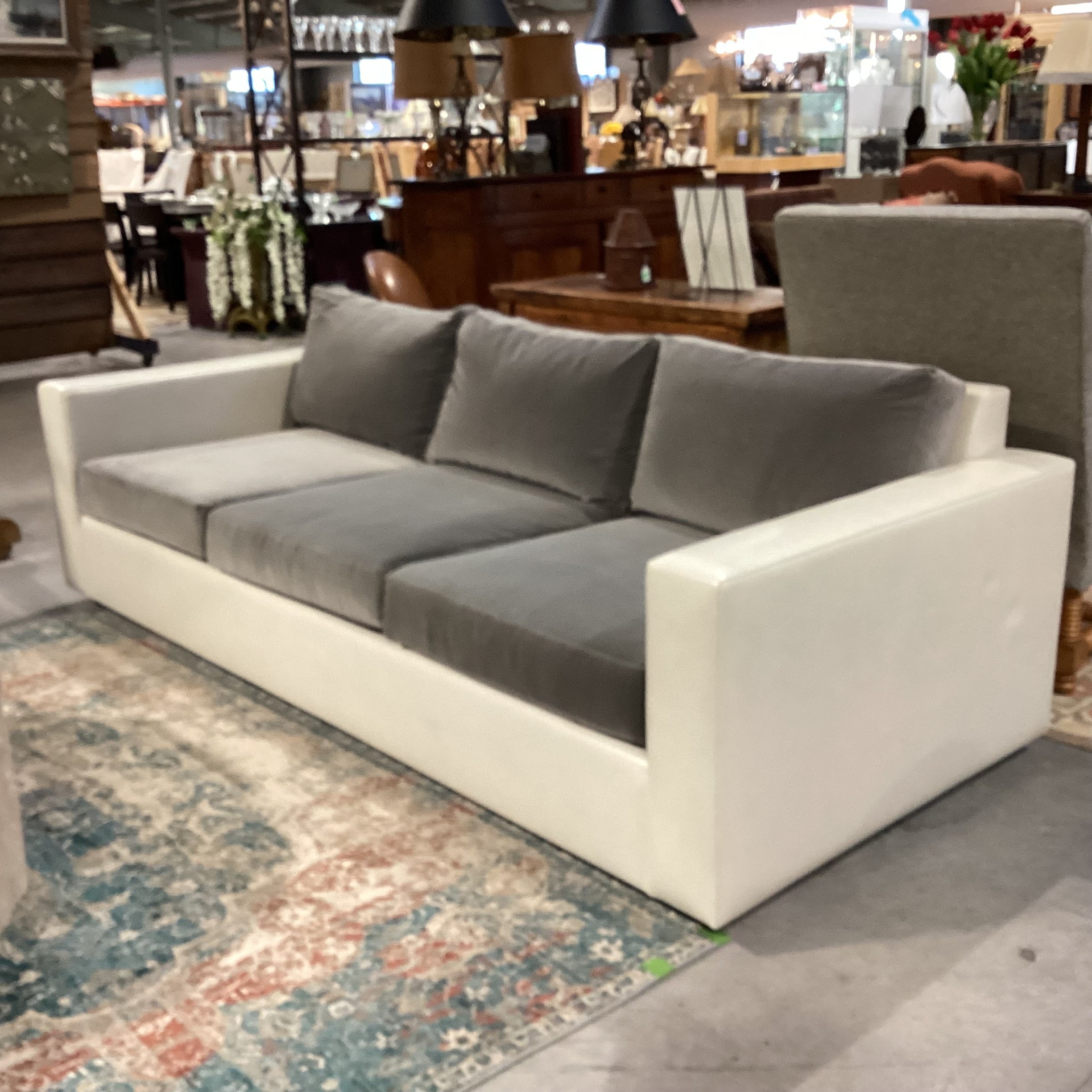 Custom Grey Velvet & Cream Leather Track Arm Down Mix Sofa 96"x 42"x 30"