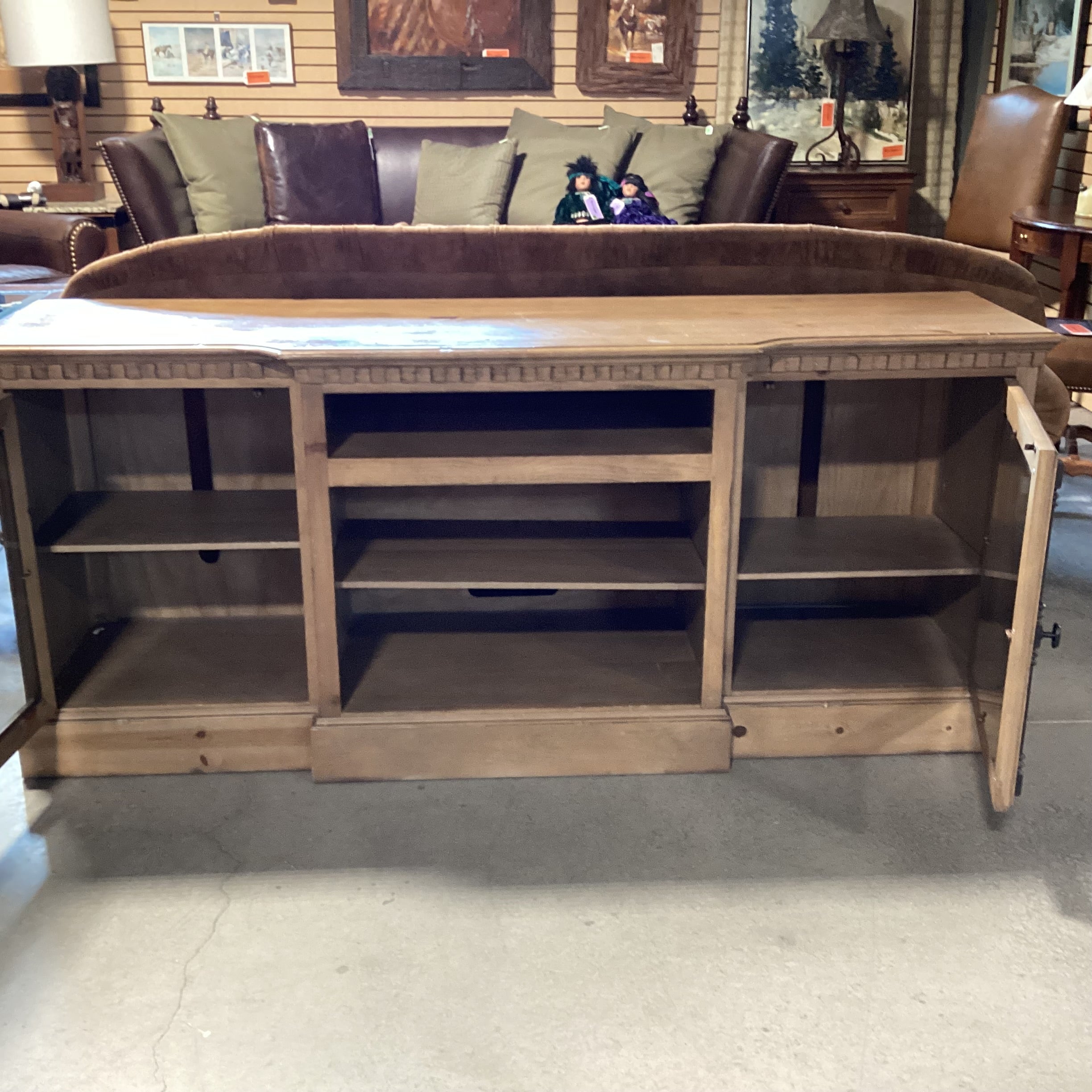 Light Greige Distressed Pine 2 Glass Door with Shelves Console Credenza 74"x 20"x 32.5"
