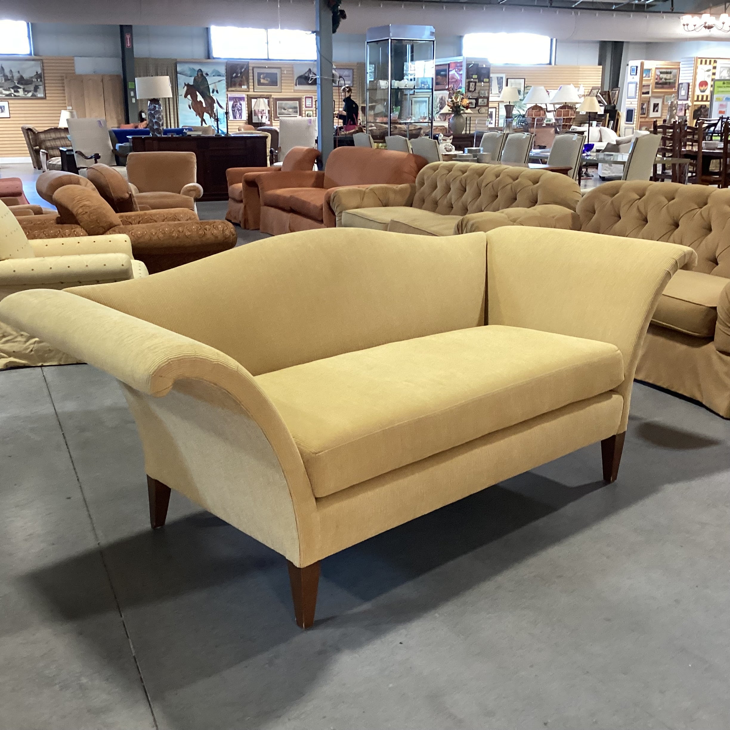 Initials Furniture Golden Yellow Ribbed Upholstery Curve Roll Arm & Arch Back Sofa 90"x 36"x 36.5"