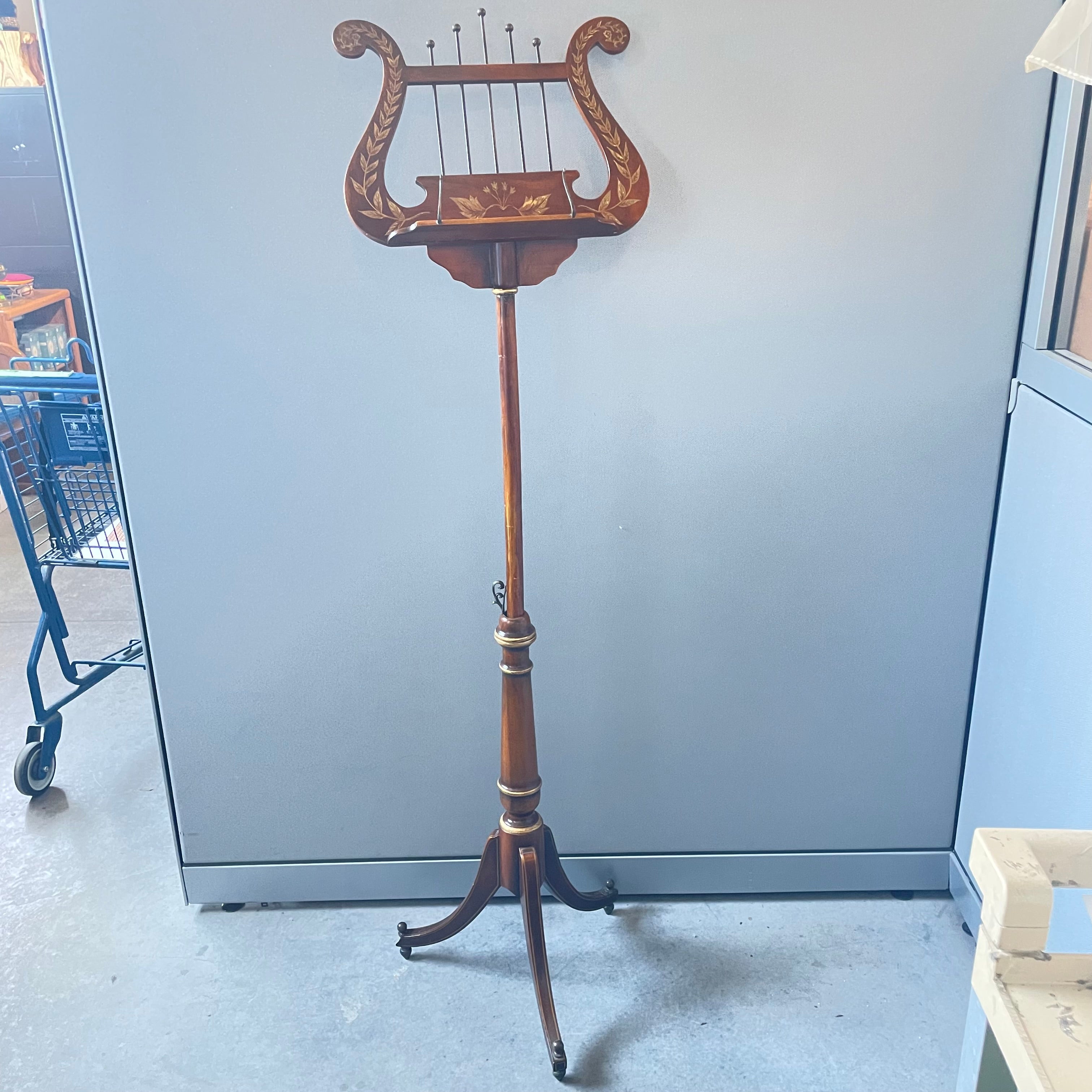 Antique Theodore Alexander Style Mahogany Harp Lyre Adjustable Music Stand, 17"x 46"