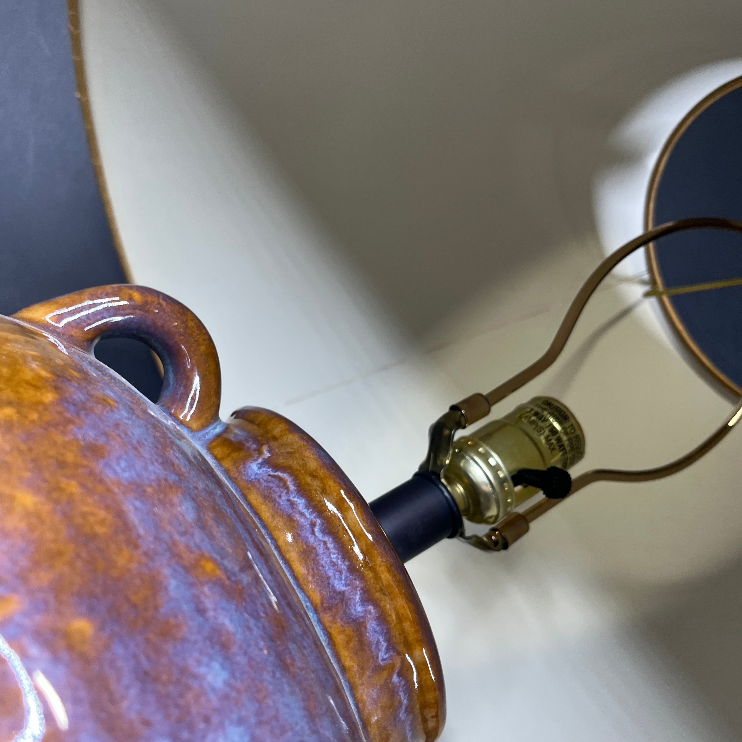 Two Tone Glazed Handled Pottery Jug with Shade Table Lamp 20” Diameter @ Shade x 25.5”