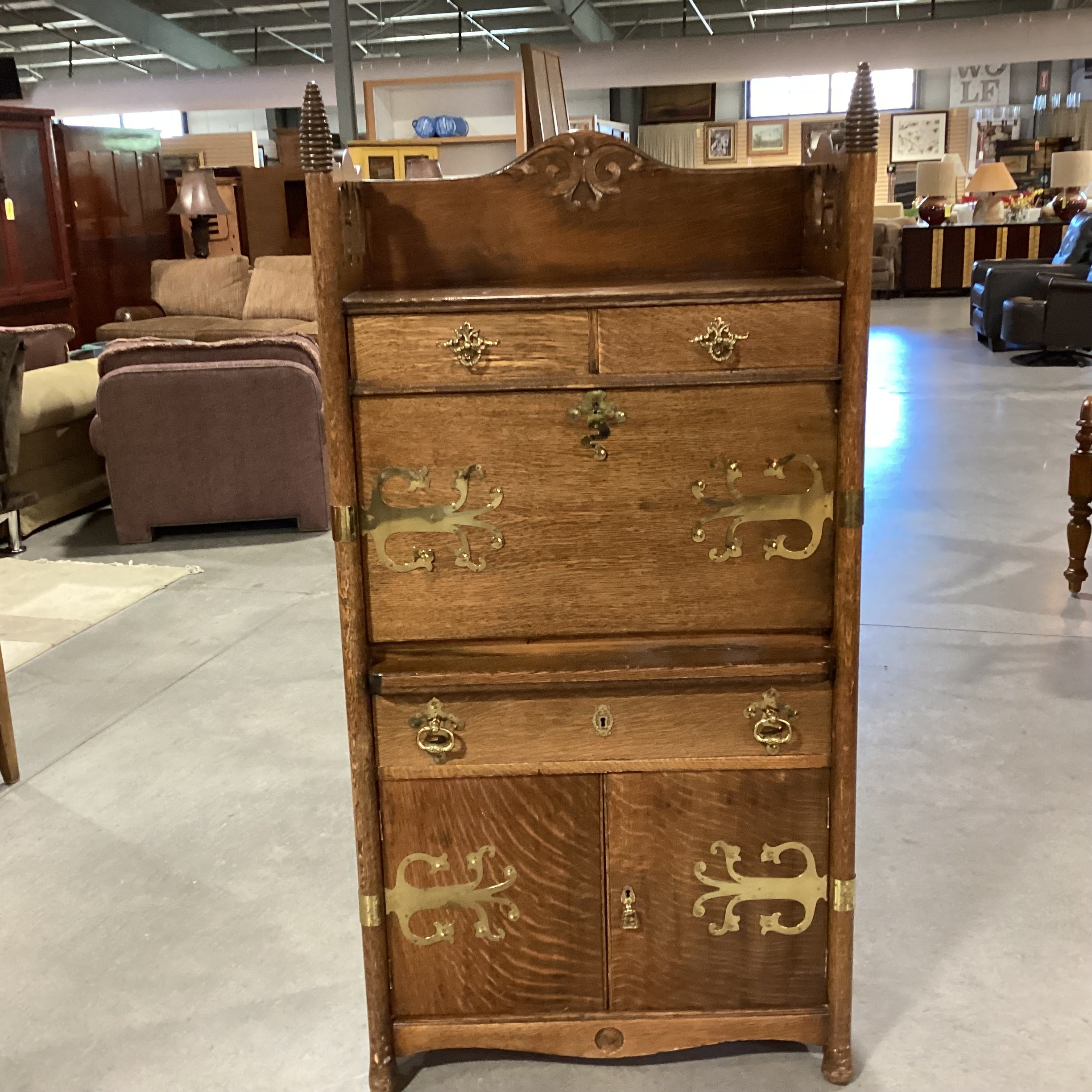 Antique Finished Quarter Sawn Oak with New Brass Embellishments Secretary Desk 29"x 14"x 58.5"
