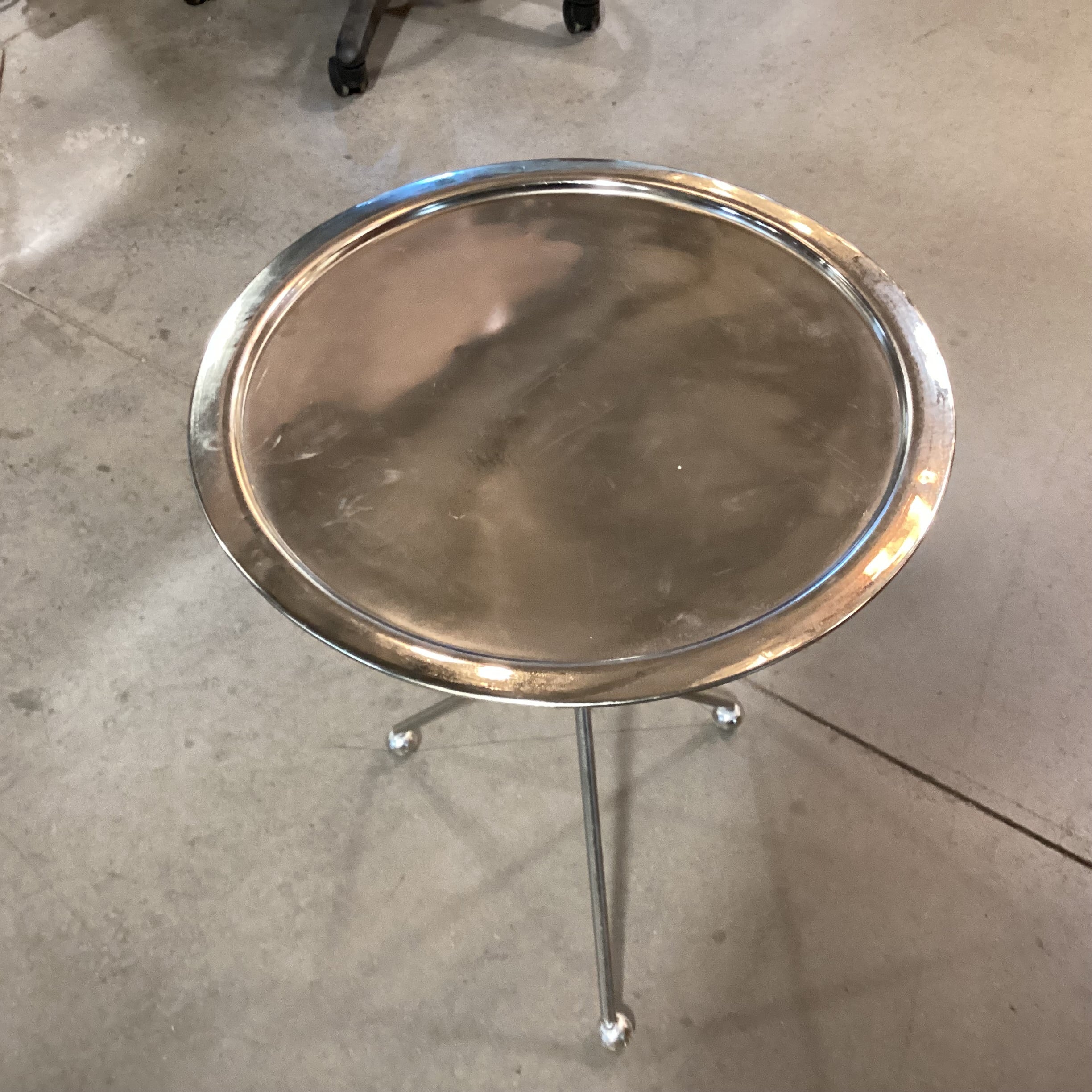 Vintage Folding Silver Plated Tripod Tray Accent Table 18" Diameter x 24"