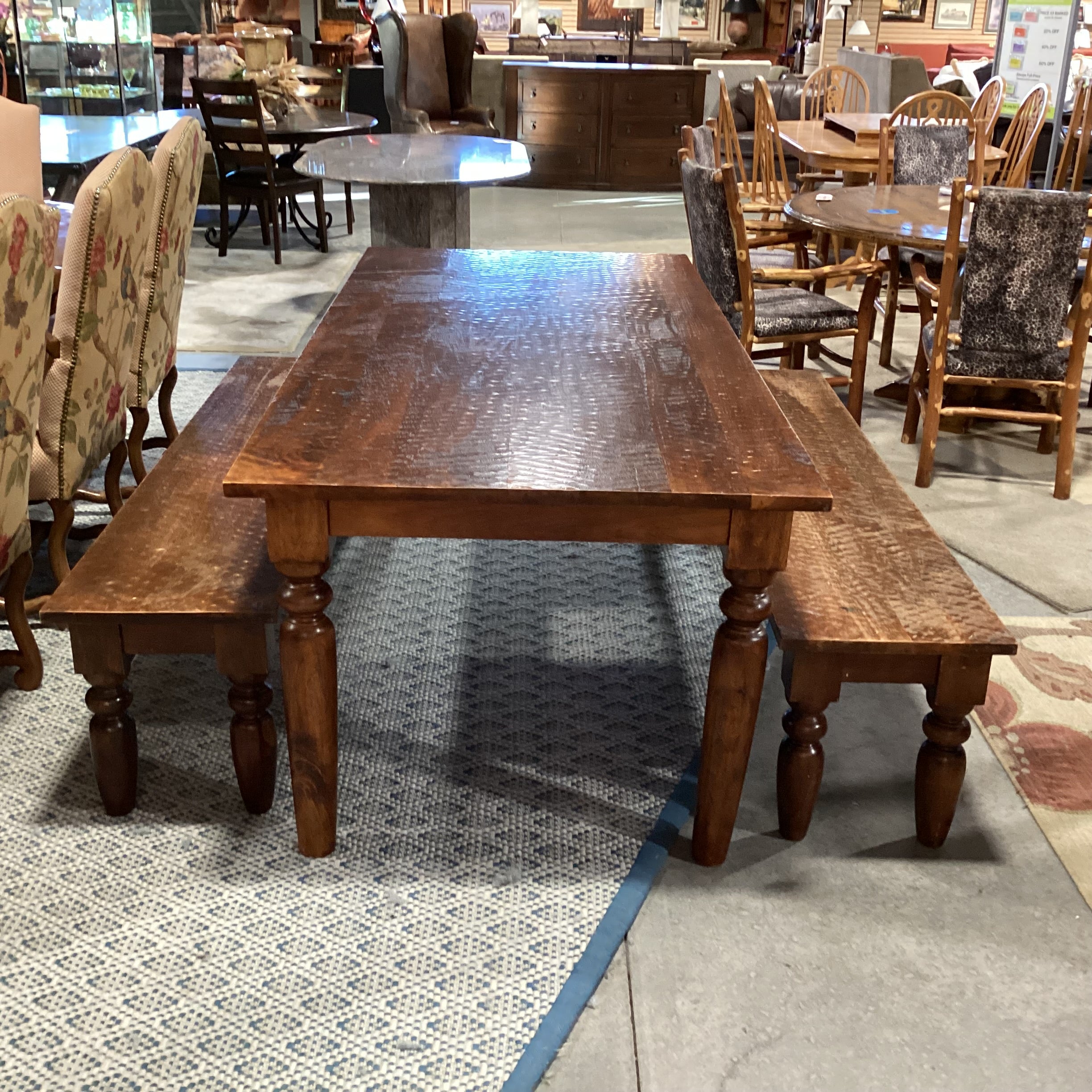 Divet Textured Distressed Solid Wood Table with 2 Benches Dining Set 82"x 38"x 30"