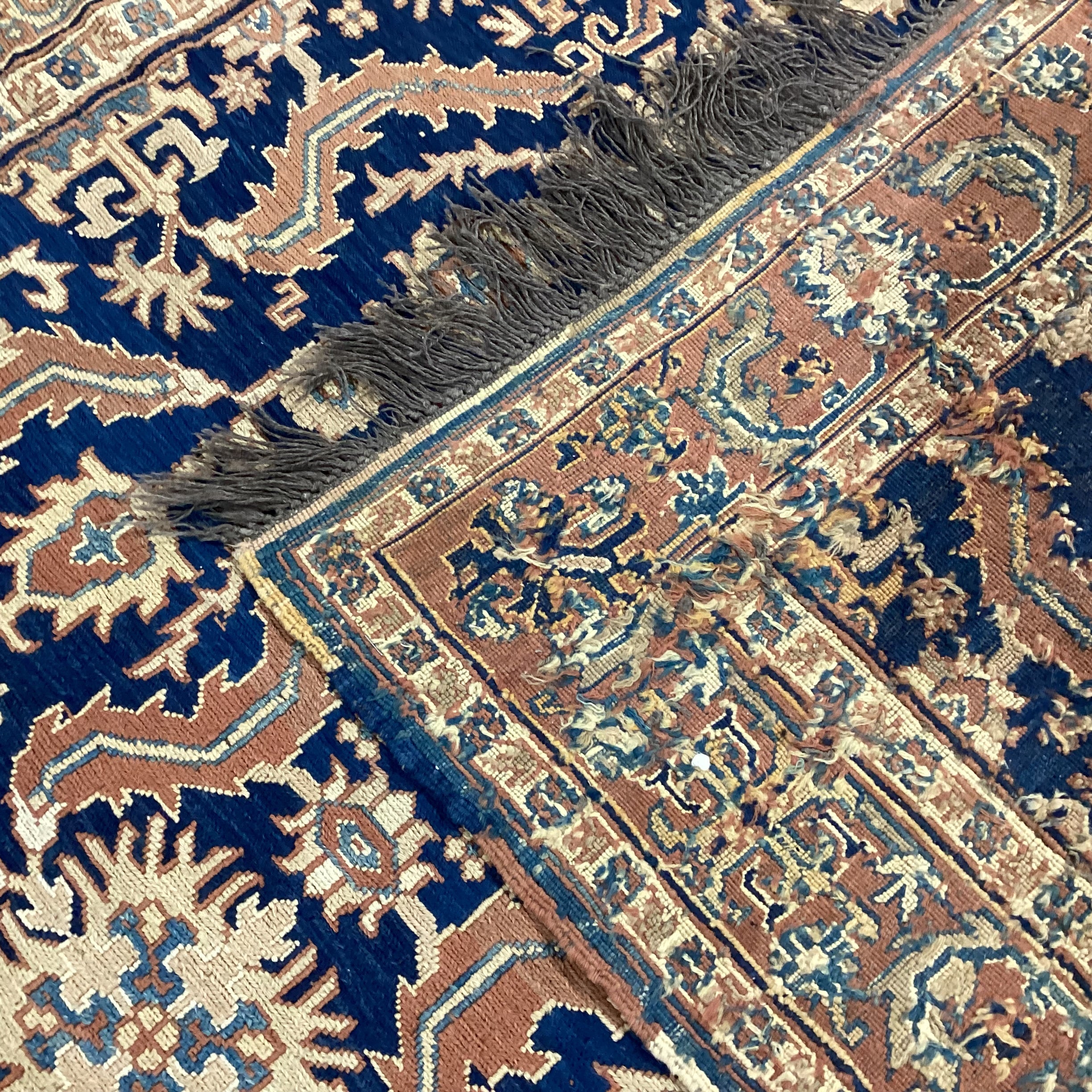 Vintage Antique Terracotta & Blue Hand Woven Wool Rug 4'9"x 7'