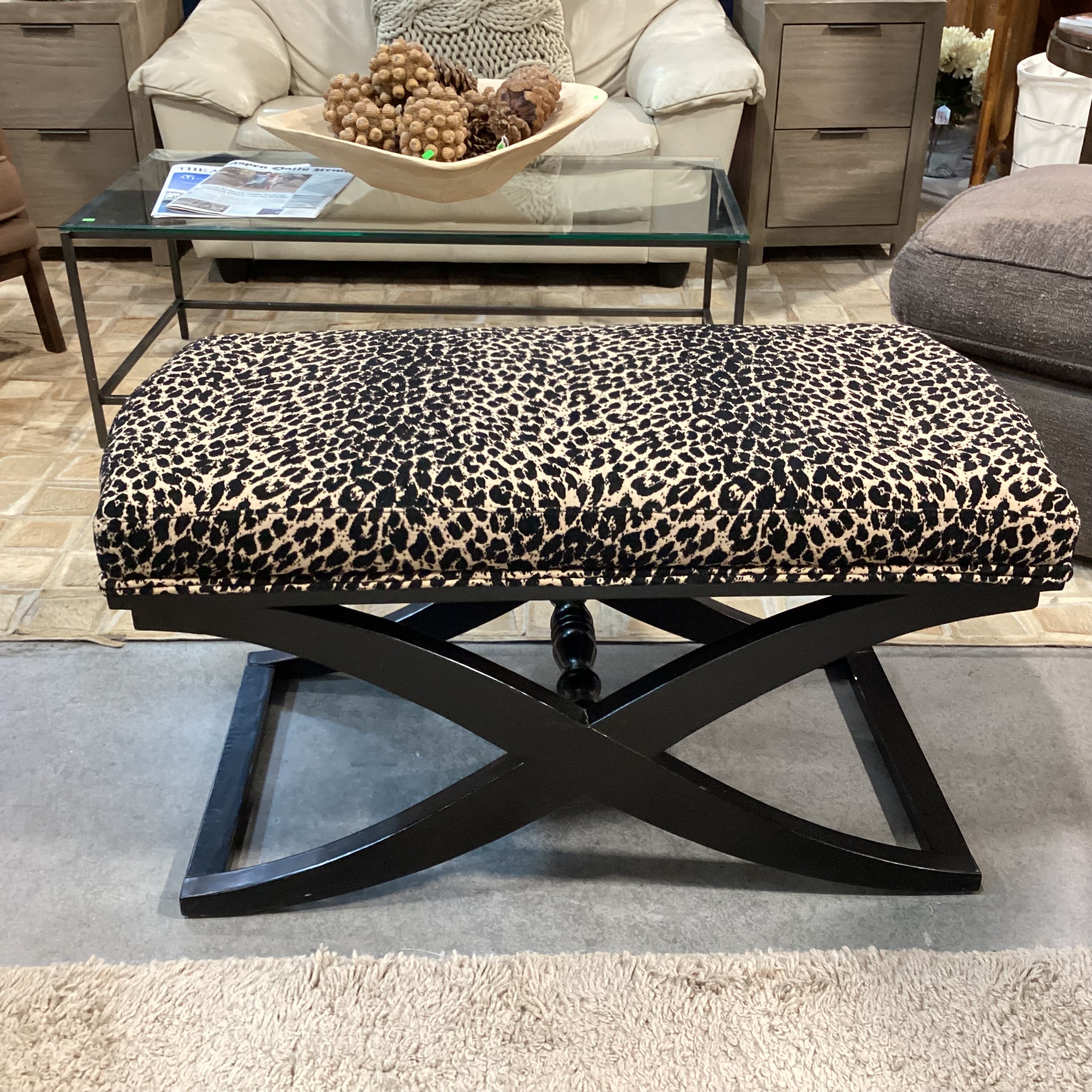 Animal Print with Black Wood X Base Bench 40"x 20"x 21"