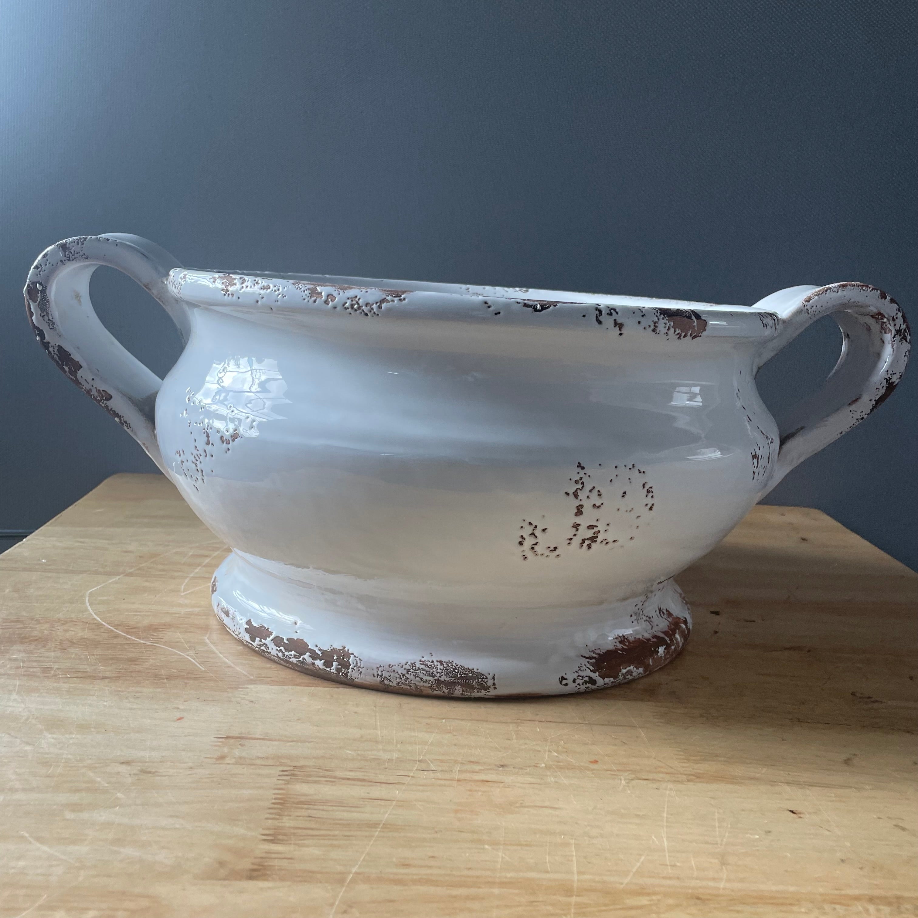 Alessandro Taddei Signed Fortunata Distressed White Glazed Ceramic Footed Bowl w/Handles, Made in Italy
