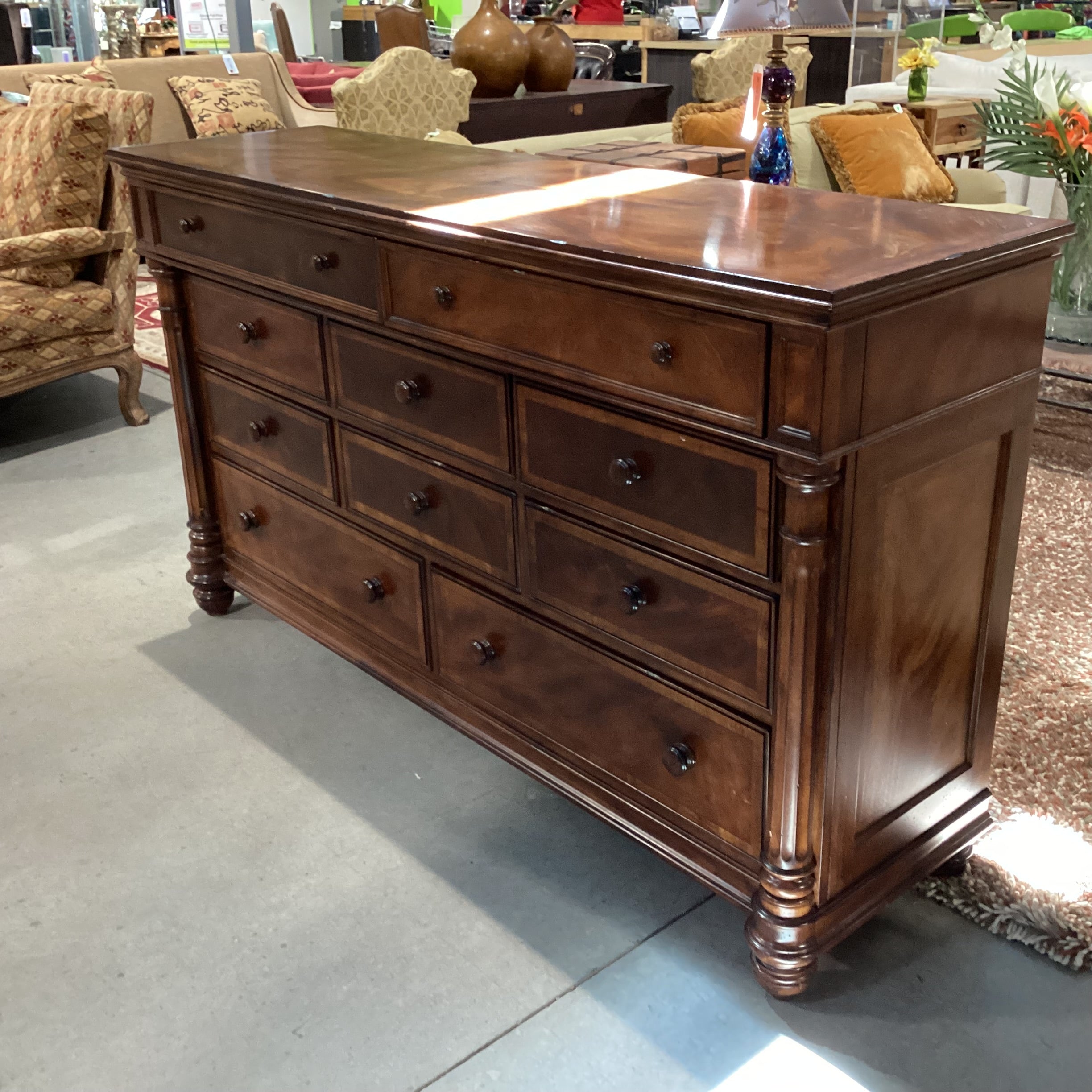 Jackson Carter Furniture Dark Finish Carved Column Detail 10 Drawer Dresser 69.5"x 20"x 40"