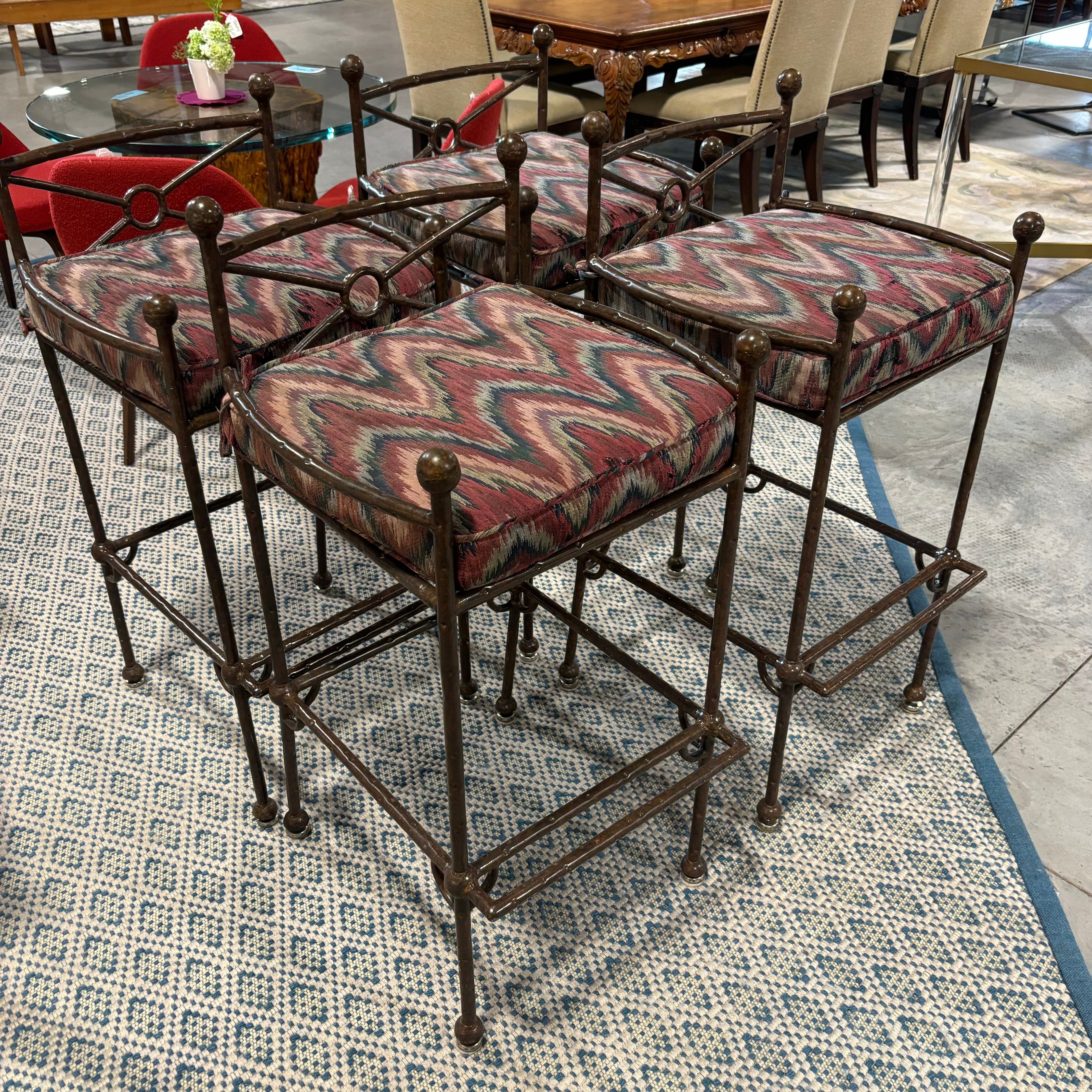 SET of 4 Rustic Metal with Multi Color Cloth Seat Barstools 33"