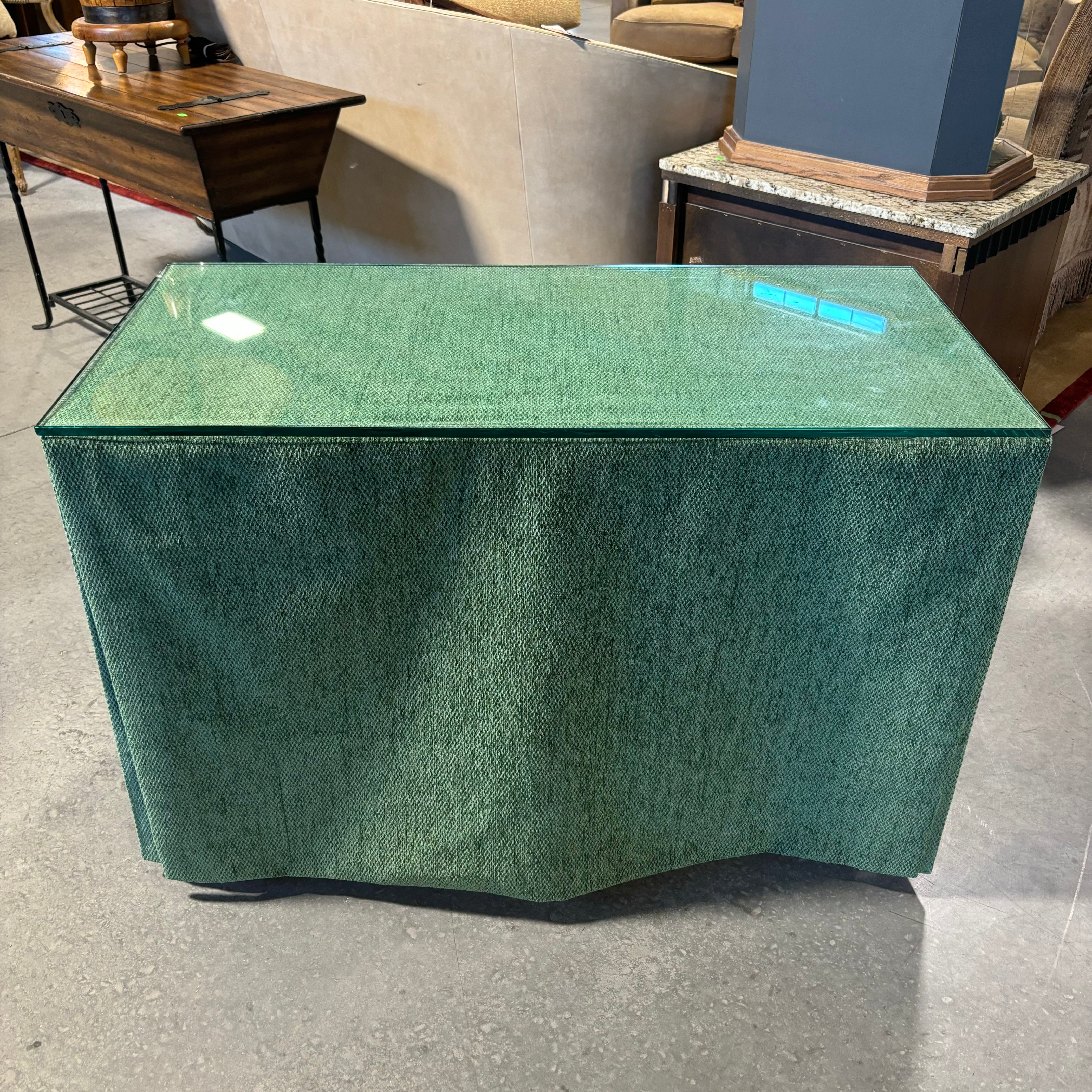 Custom Green Chenille Covered Natural Wood with Glass Top Accent Table 42"x 20"x 29"
