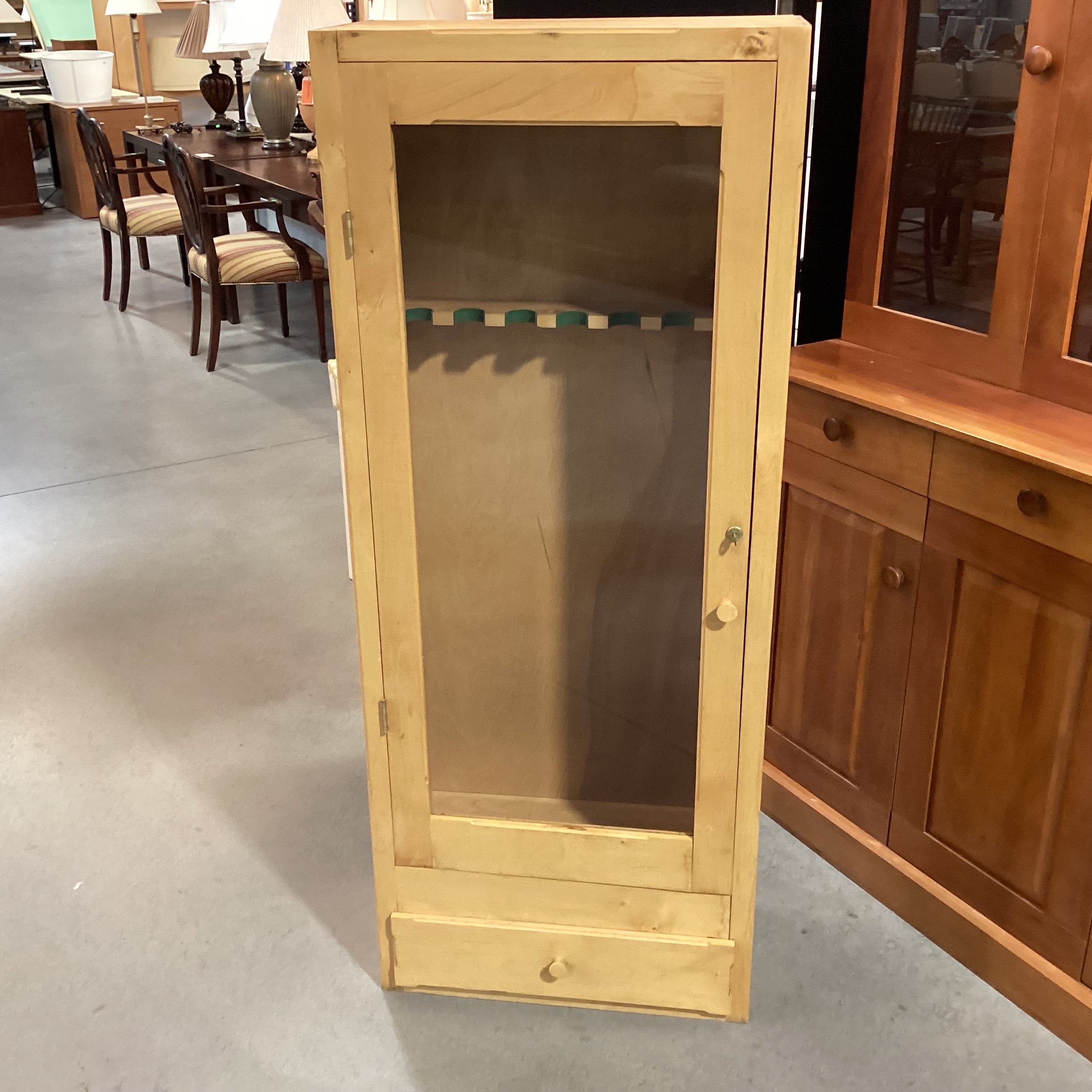 Natural Wood & Glass Door with Key Bottom Drawer Gun Cabinet Armoire 24"x 13"x 60"