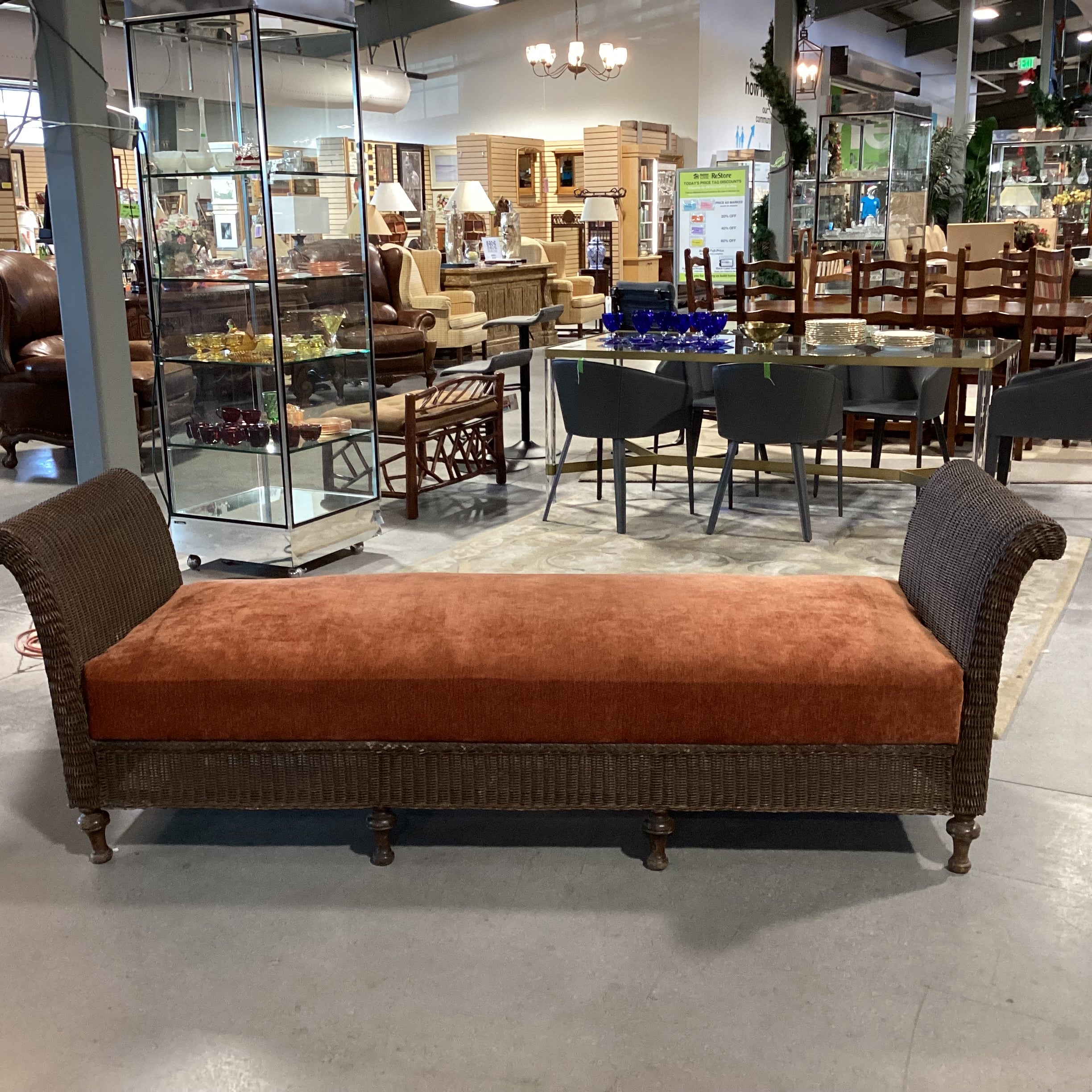 Vintage Antique Wicker & Rust Chenille Woven Bench 90"x 30"x 30"