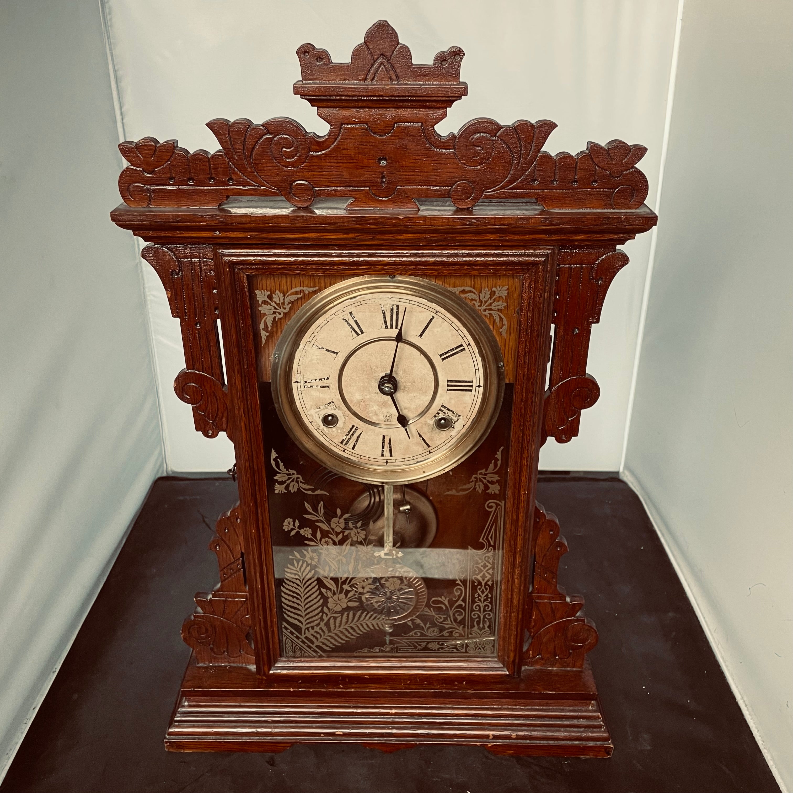Antique Seth Thomas Parlour/"Kitchen" Carved Wood Clock, 14"x 4.5"x 21"