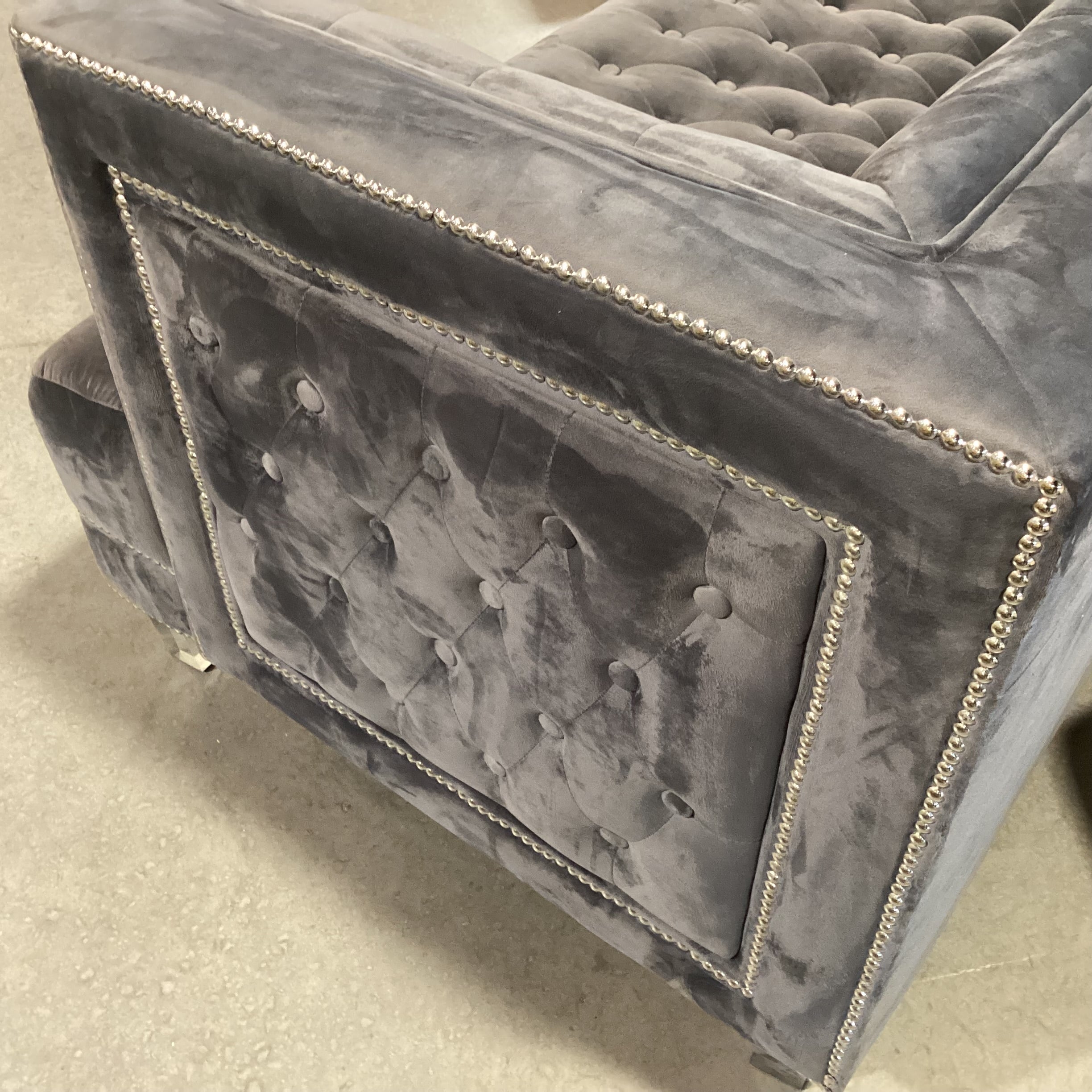Grey Button Tufted Velvet with Nailhead & Acrylic Feet Sofa 88"x 36"x 31"