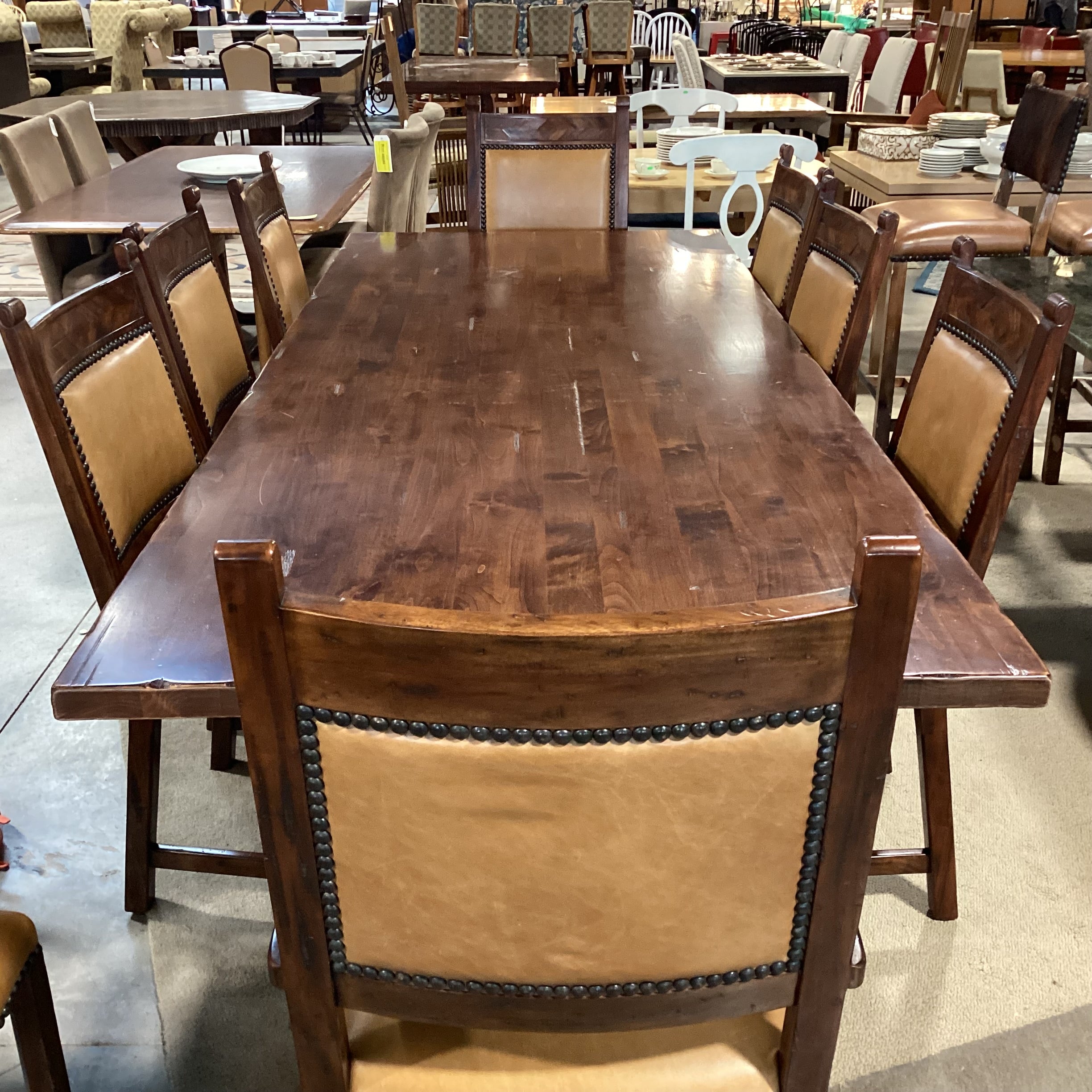 Theodore Alexander Rustic Distressed Trestle Table & 10 Leather Nailhead Carved Wood Chairs Dining Set 108"x 44"x 31"