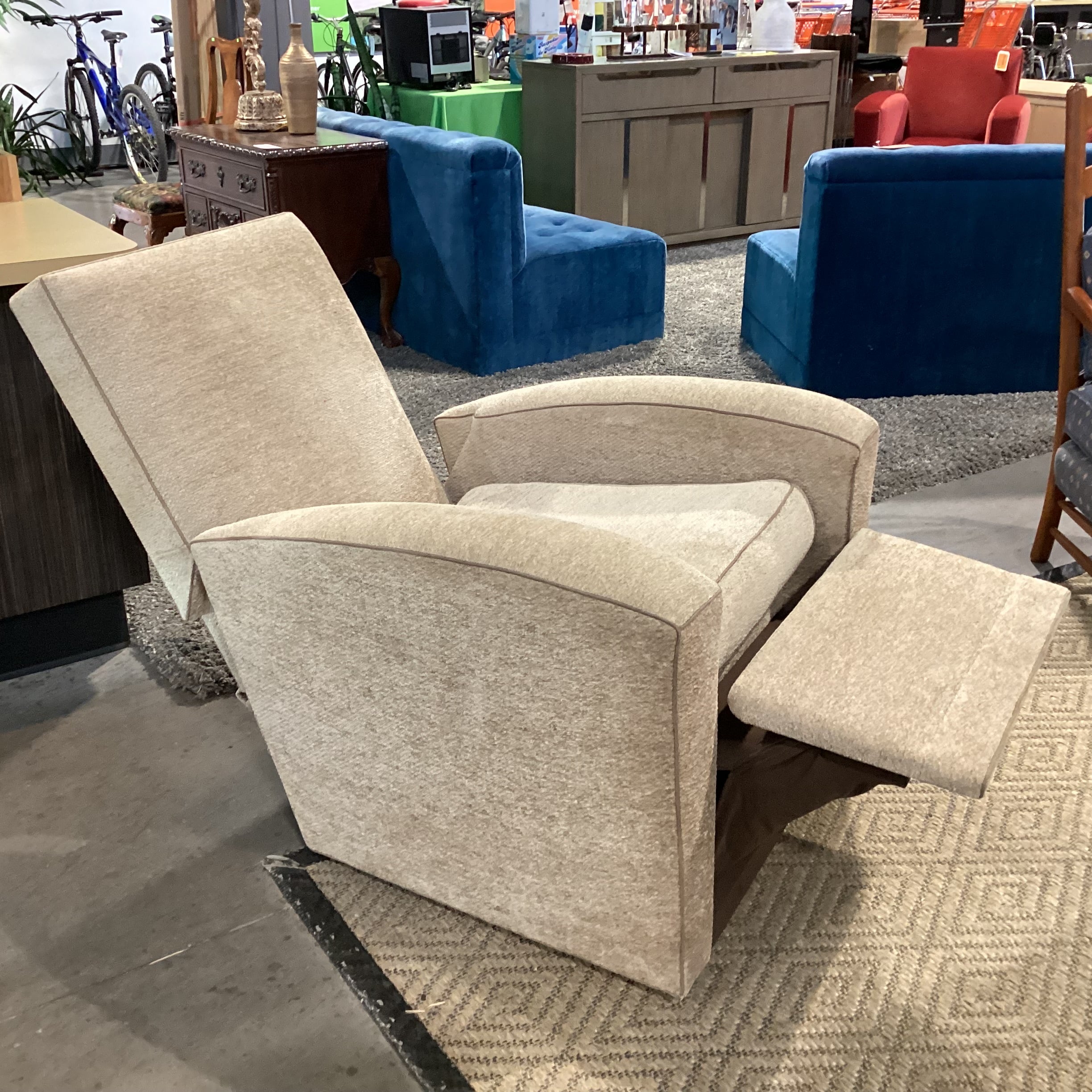 Beige Texture Woven Chenille with Taupe Piping Swivel Recliner Chair 35"x 40" to 66"x 41"