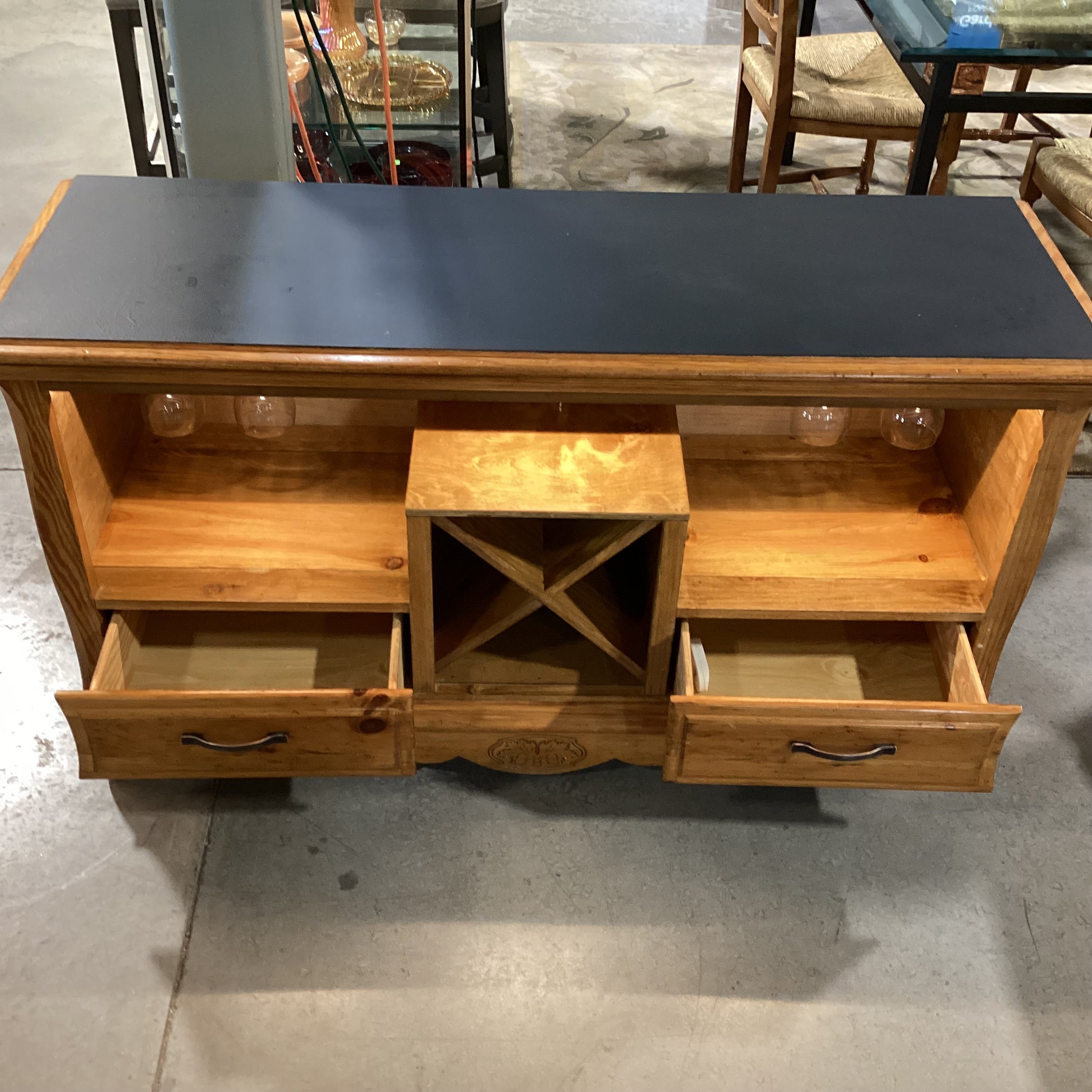 Carved Pine with Black Top Glass Slots Wine Rack 2 Drawer & Lighted Bar Buffet 54"x 18"x 30"