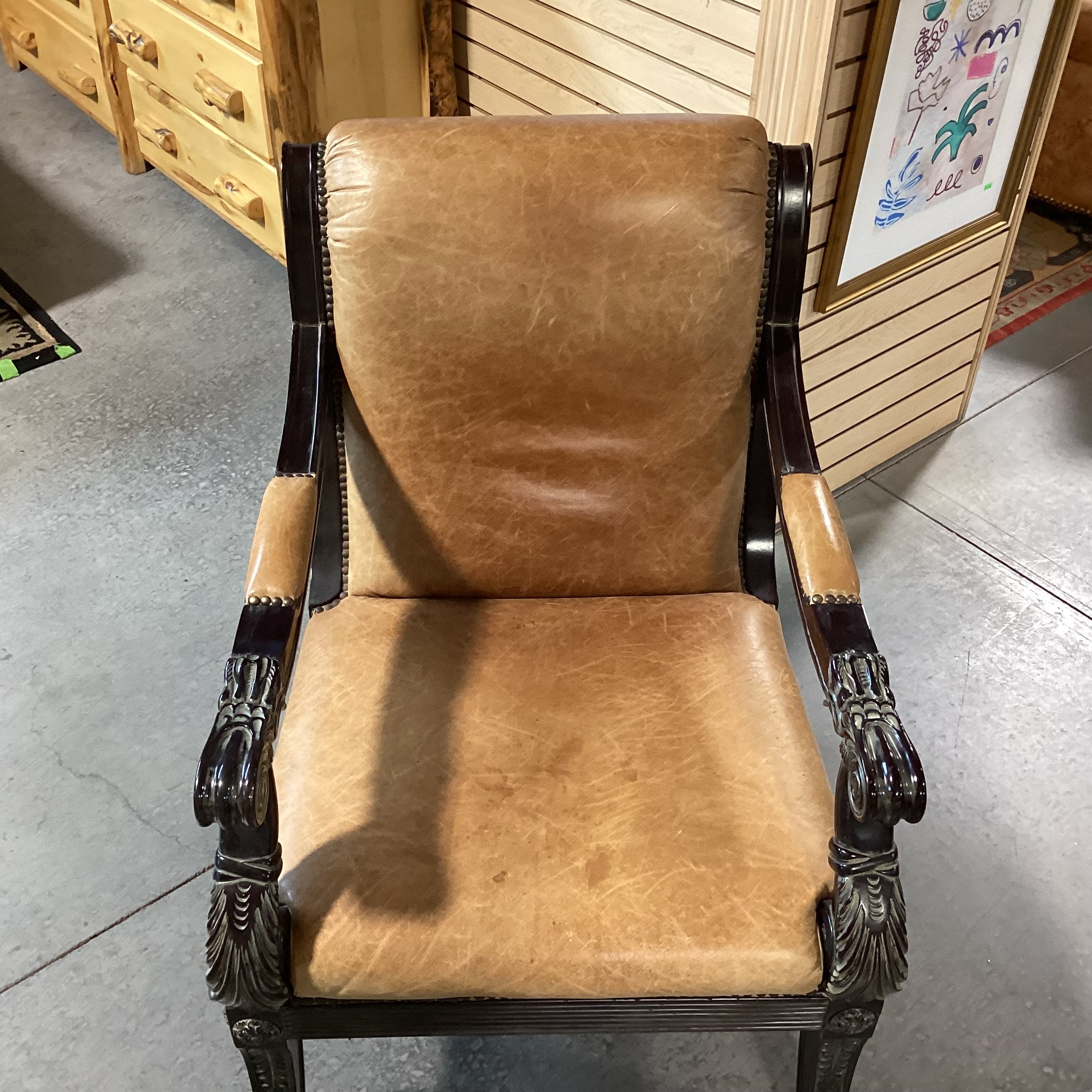 Ornate Dark Finish Carved Wood & Leather Chair 29"x 34"x 39"