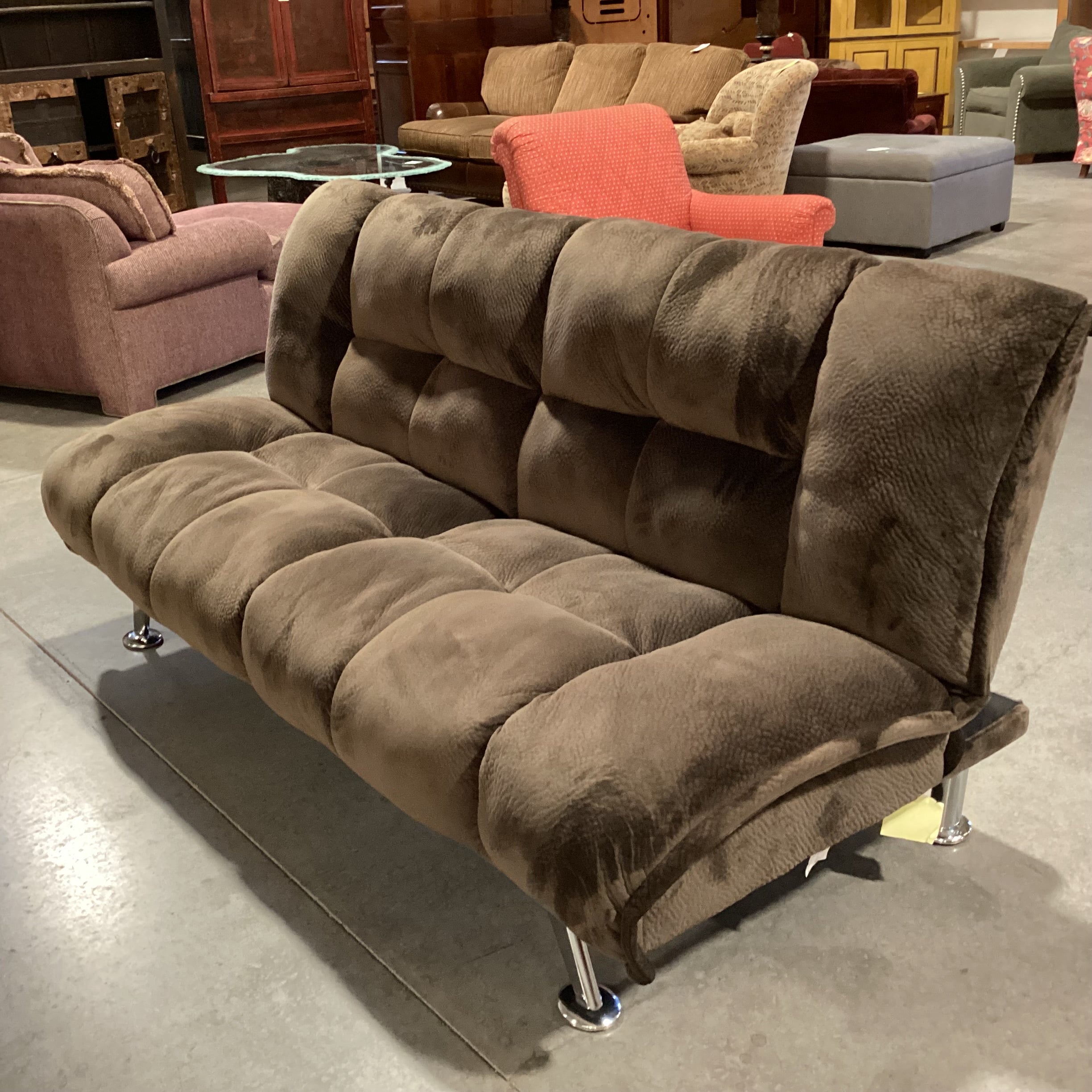 Brown Pillow Plush with Chrome Legs Futon Sofa 76"x 34" to 48"x 35"