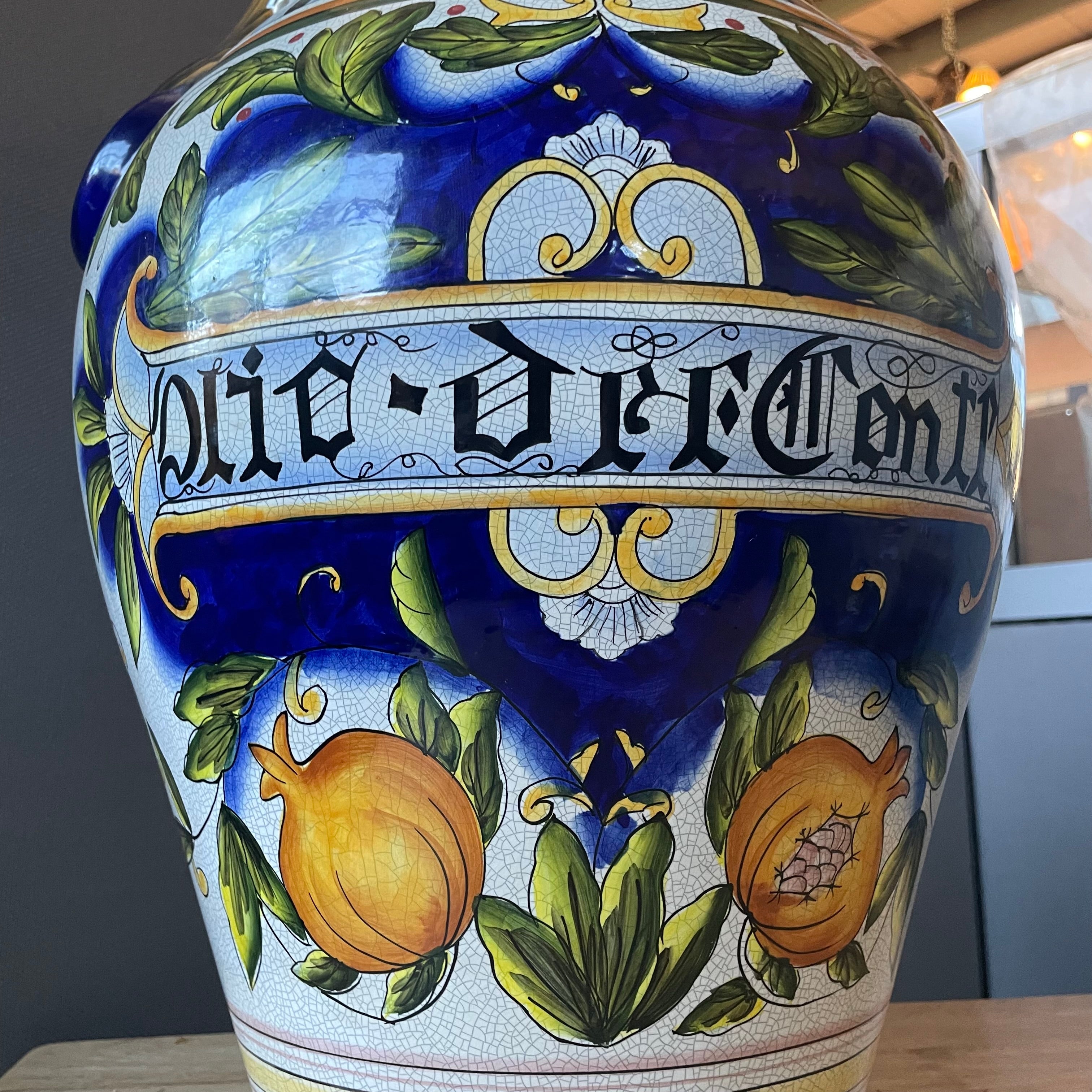 Decorative Majolica Style Reproduction Lidded Apothecary Jar, 14"x 23"