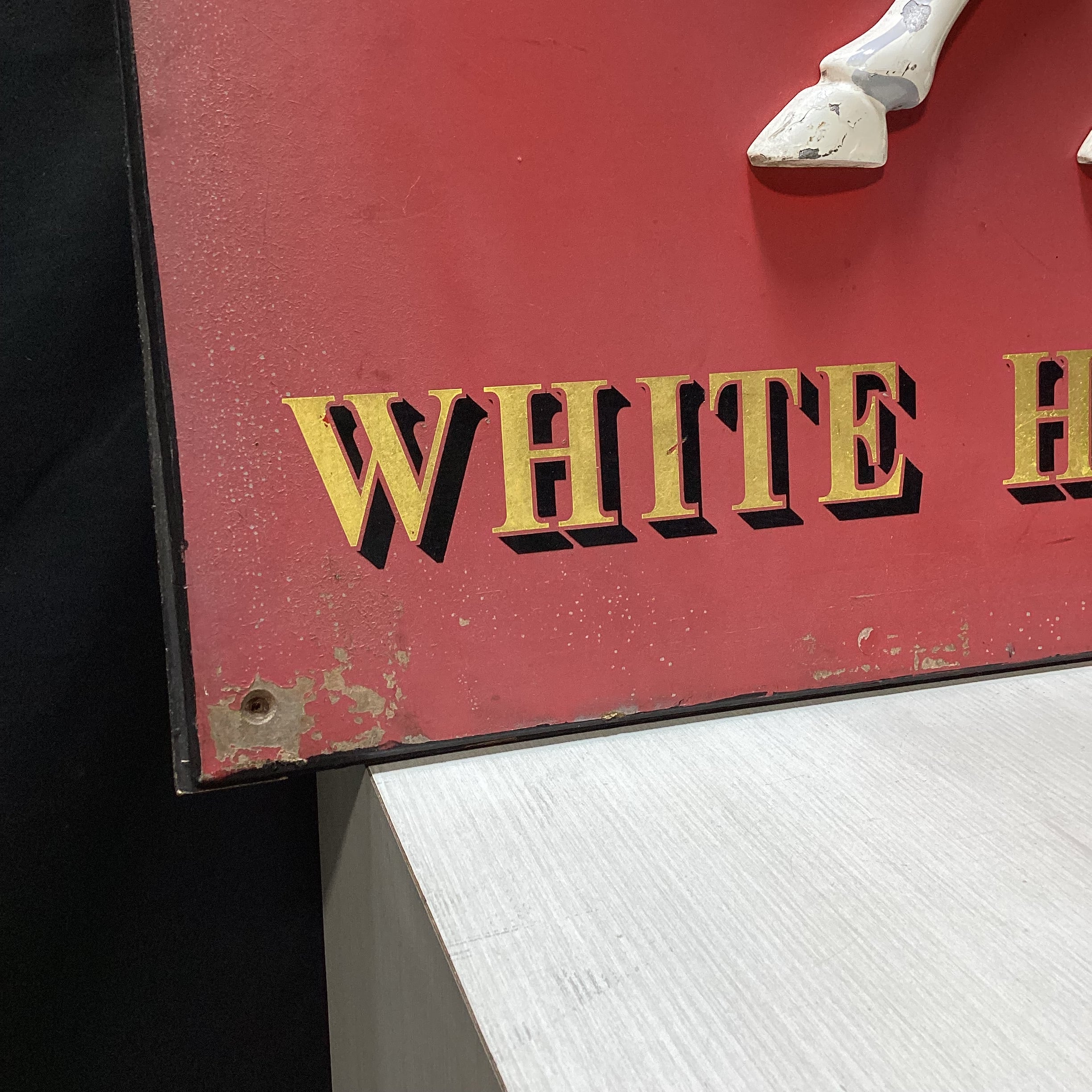Vintage "White Horse" Wooden Sign With Enamel Horse 27" x 41"