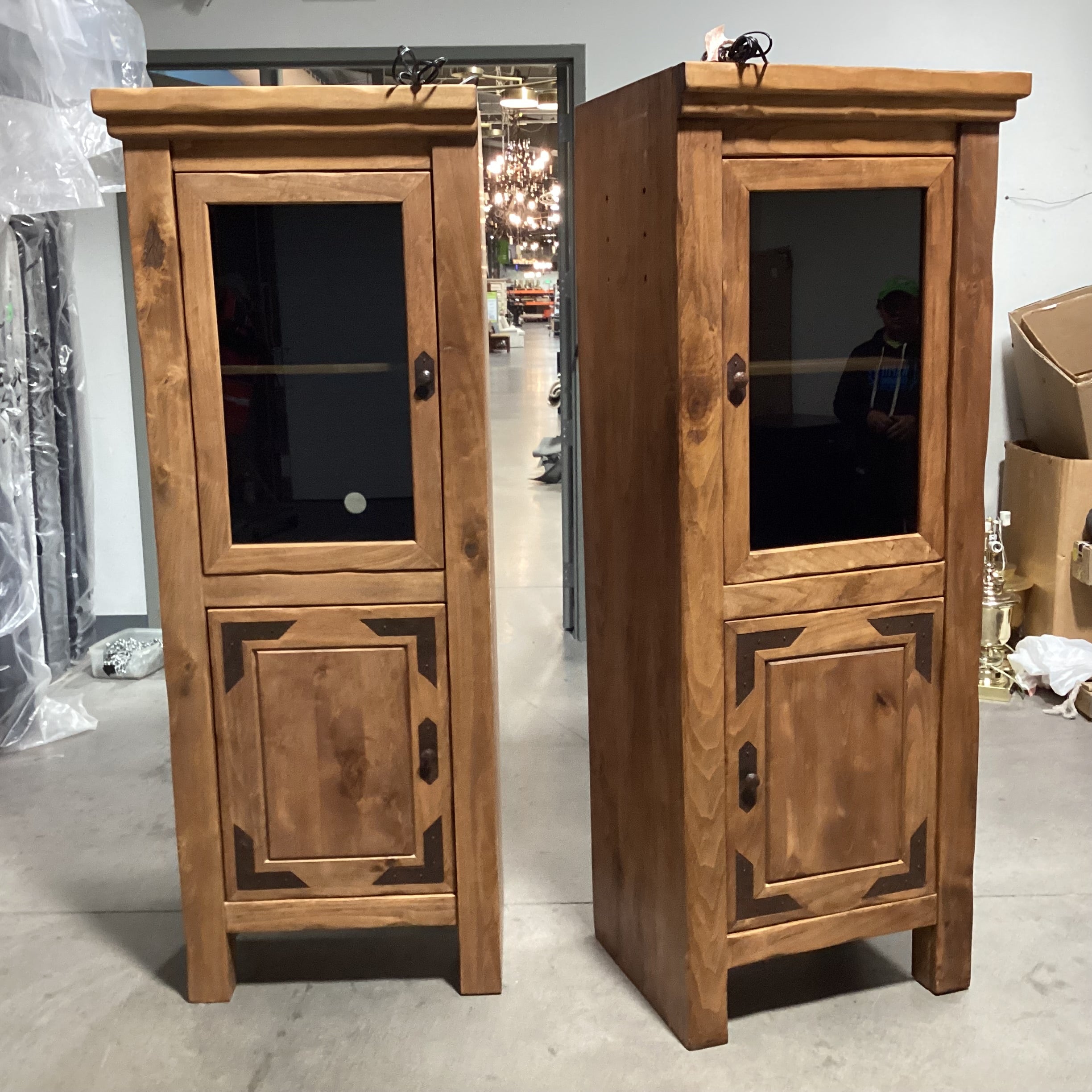 SET of 2 Solid Rustic Wood 4 Door with Shelves Double Lighted Cabinet Bookcase 57"x 23"x 75"