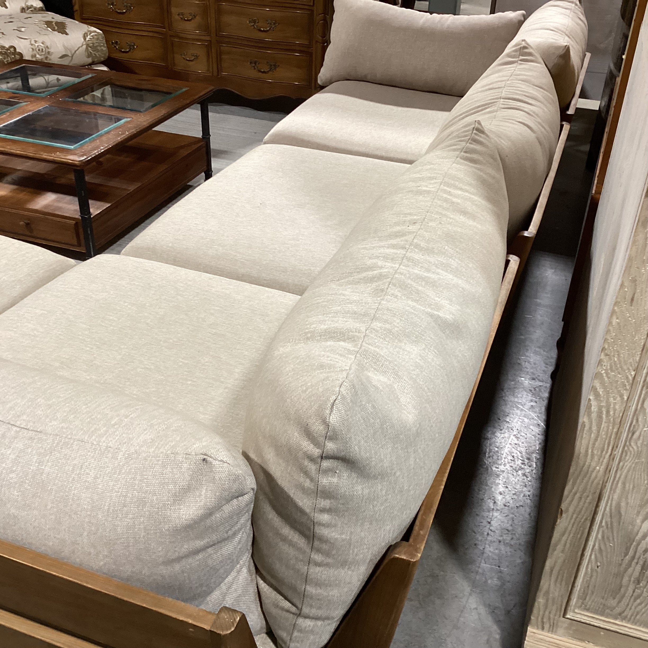 Bondi Mid Century Style Wood Base & Beige Cushions 4 Piece Modular Sectional 118"x 80"x 42"x 26"