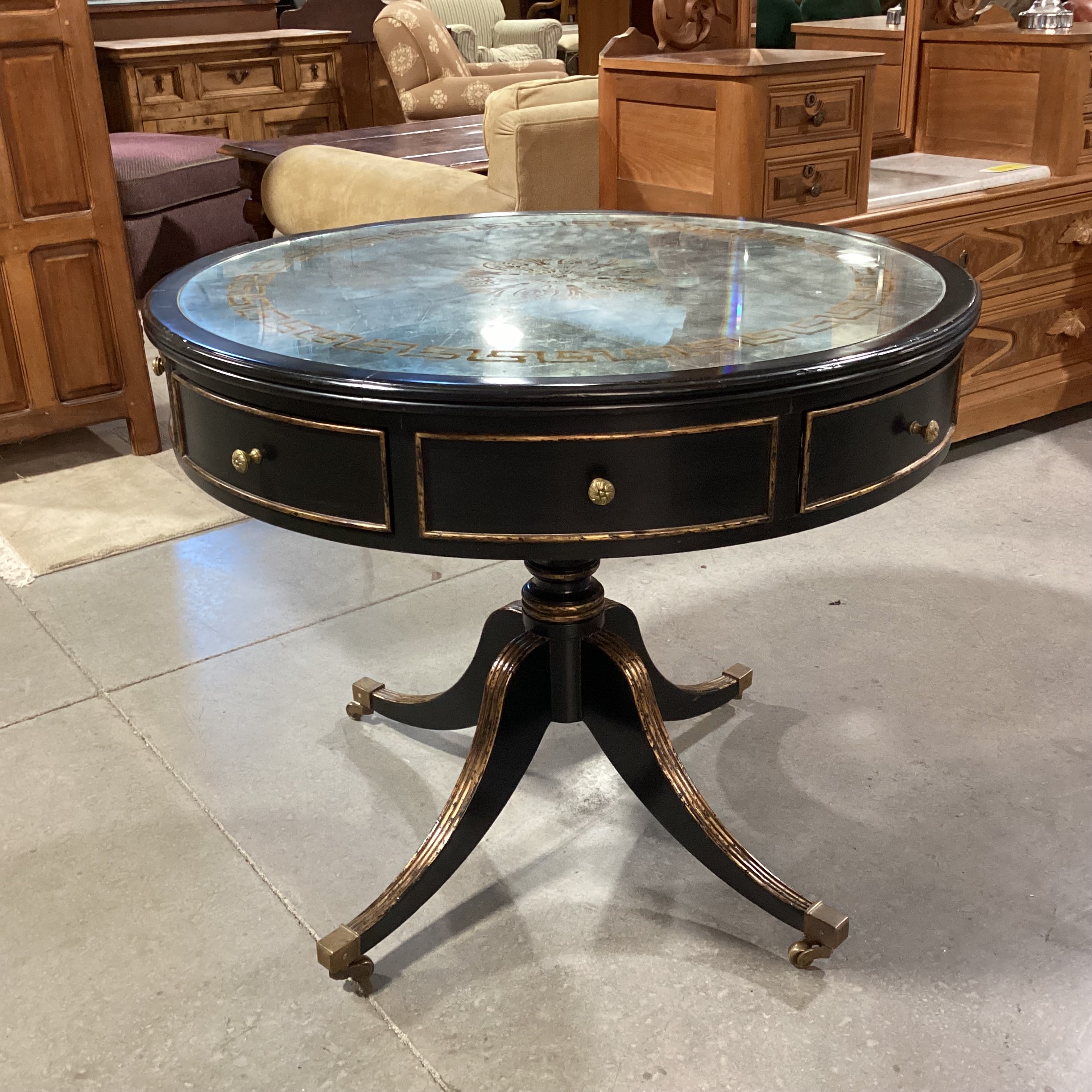 Black Gilded Gold Accent Wood & Gold Silver Antiqued Glass Top 4  Drawer with Casters Accent Table 37" Diameter x 30.5"