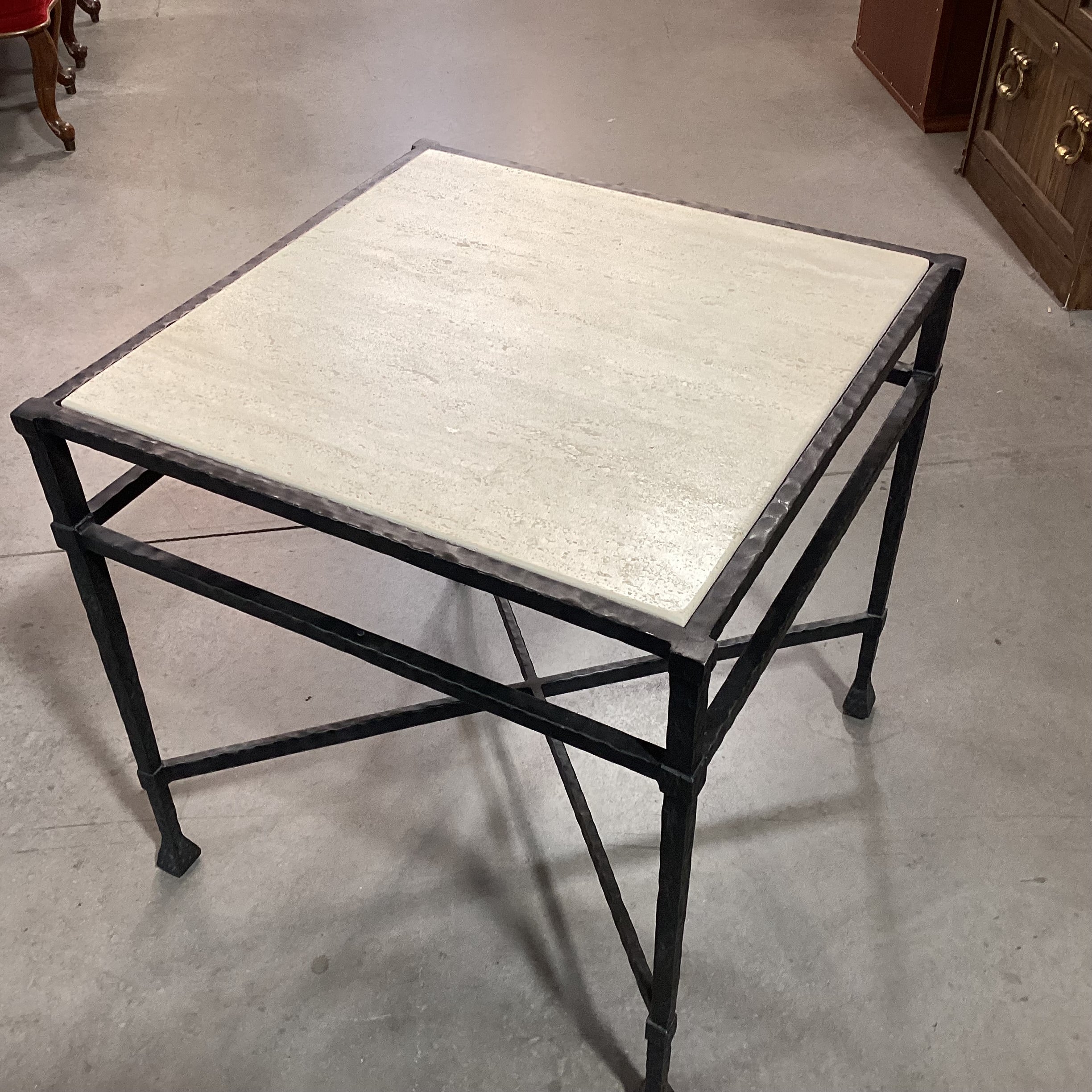 Textured Iron & Travertine Top Accent Table 25.5"x 25.5"x 25.25"