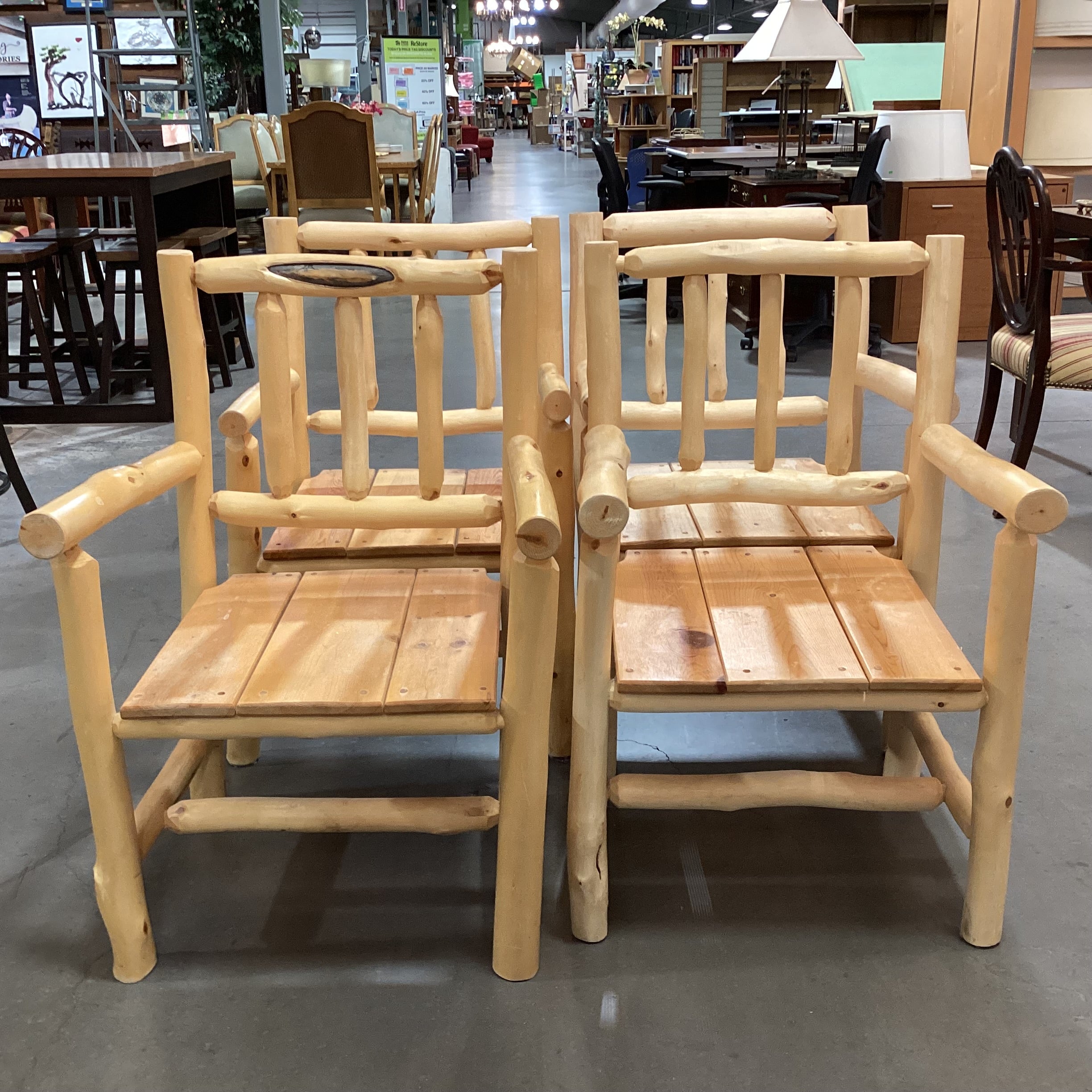 SET of 4 Natural Peeled Log with Plank Seat Armed Dining Chairs 23"x 22"x 36"
