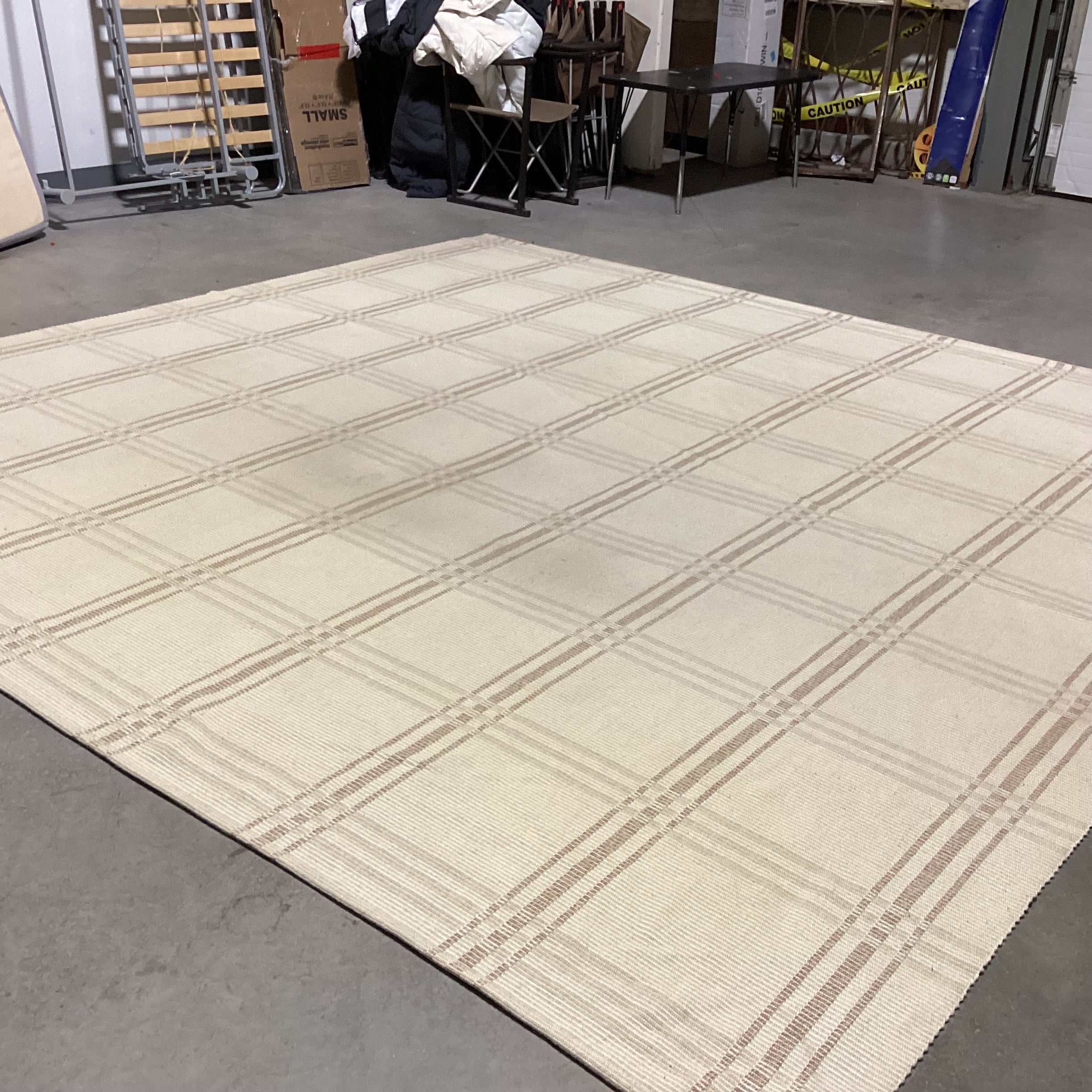 Cream & Tan Plaid Style Woven Wool Rug 11'3"x 11'7"