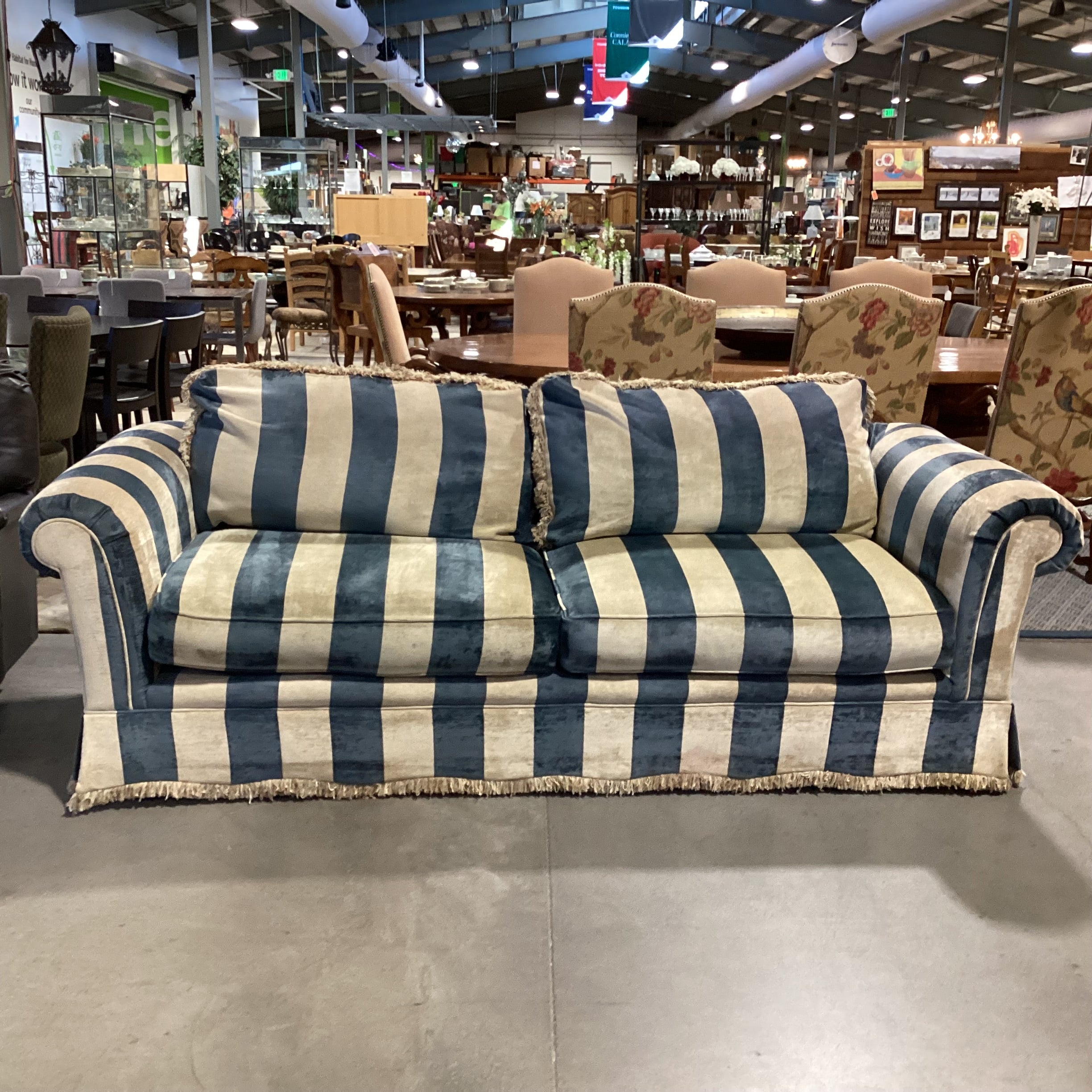 Custom Wedgewood Blue & Beige Velvet with Fringe Down Mix Sofa 96"x 44"x 30"