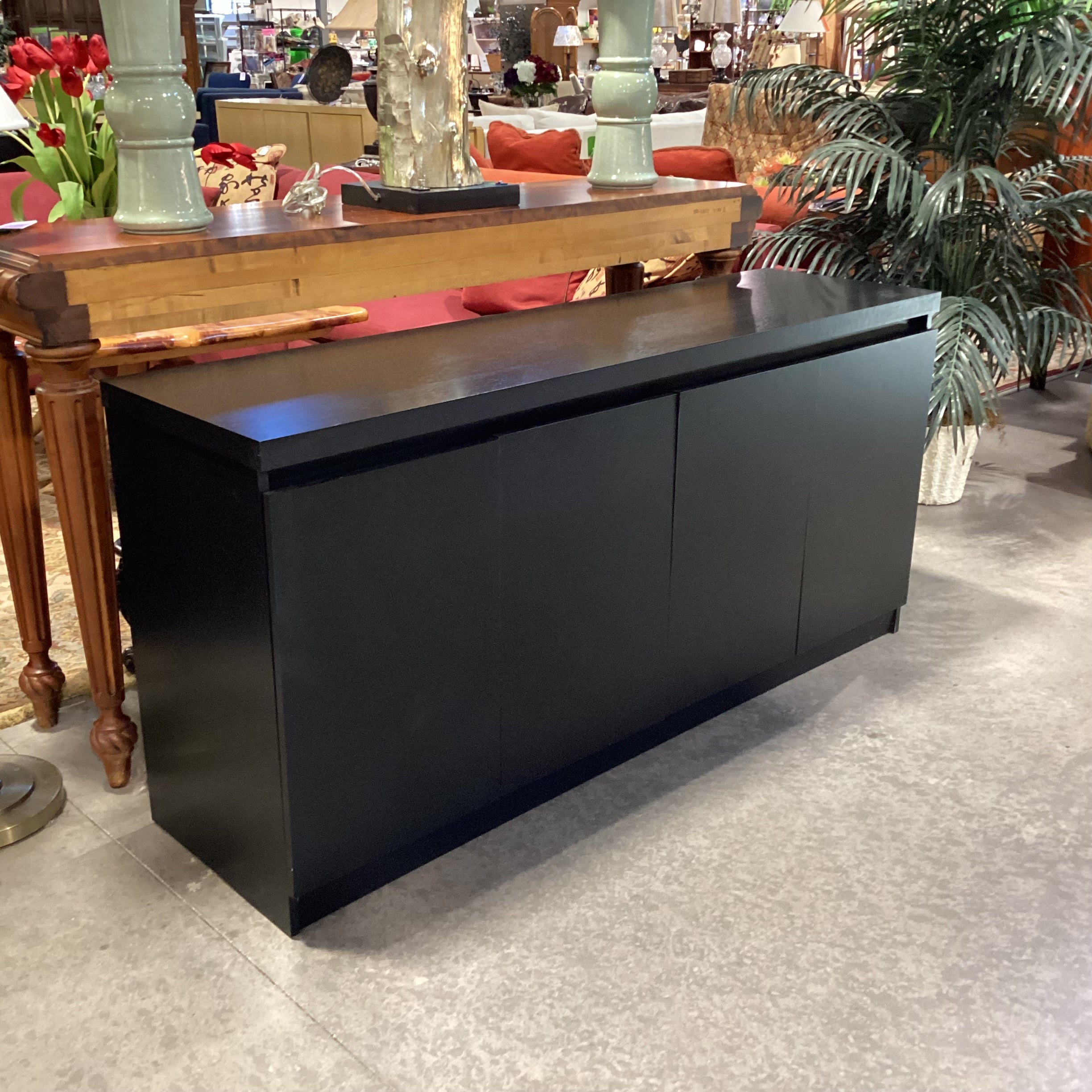 Ebony Finish Veneer 4 Door with Shelves Console Credenza 62.5"x 17.5"x 30"