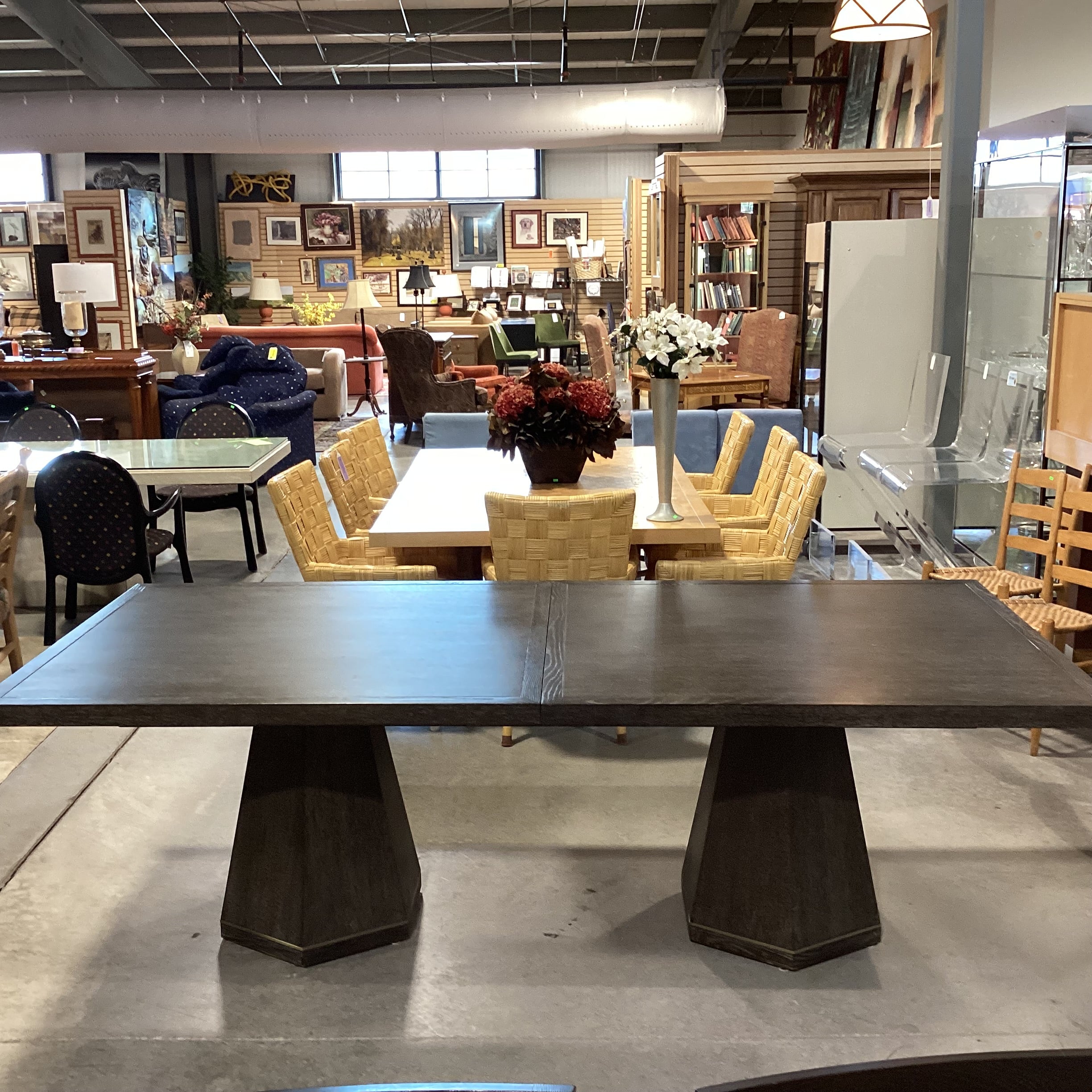 Mitchell Gold & Bob Williams Modern Cerused Charcoal Finish Oak Geometrical Pedestals with Brass Emerson Dining Table 96" to 132"x 42"x 30.5"