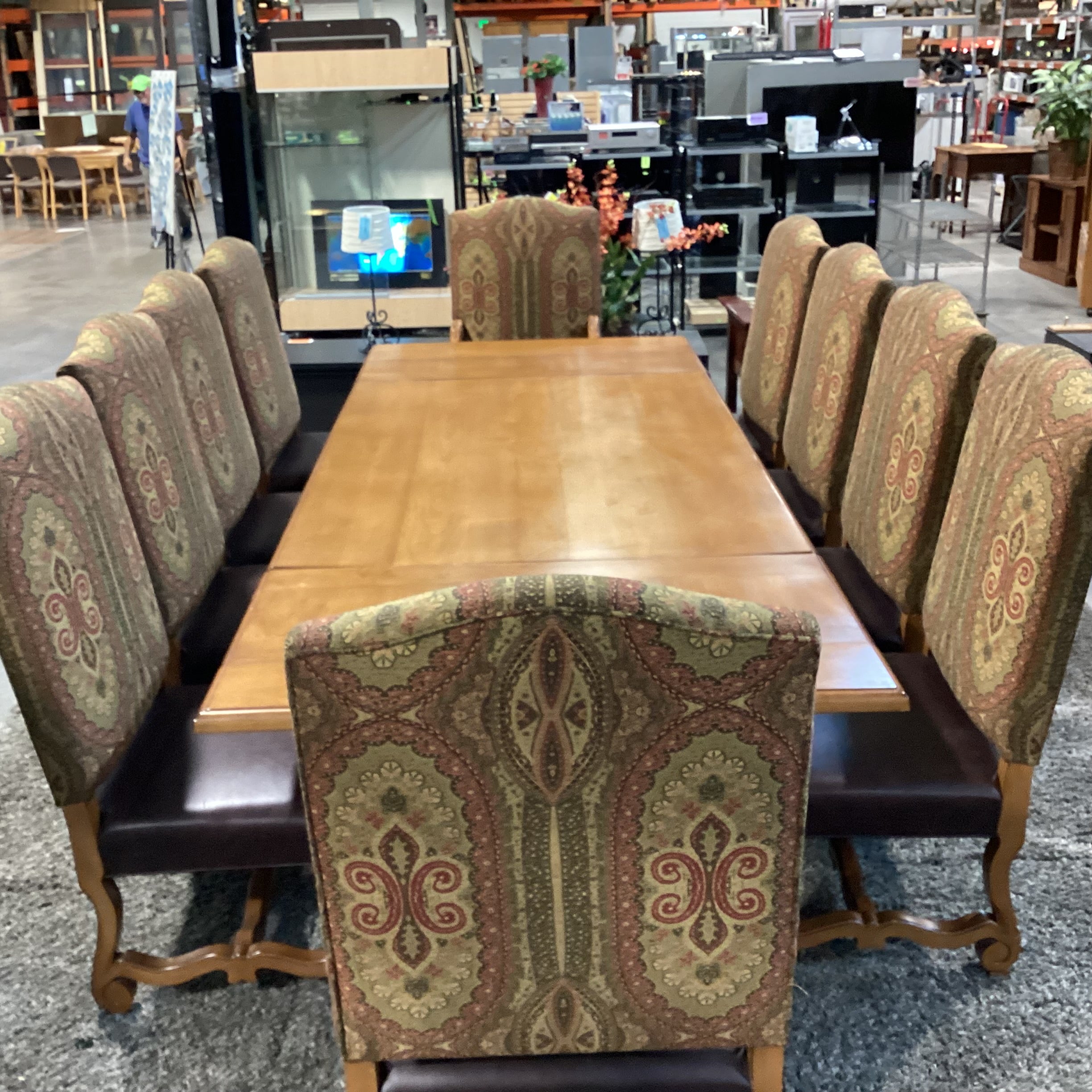 Custom Solid Wood 2 End Extend Leaves Double Pedestal Table with 10 Chairs Dining Set 120"x 48"x 30.5"