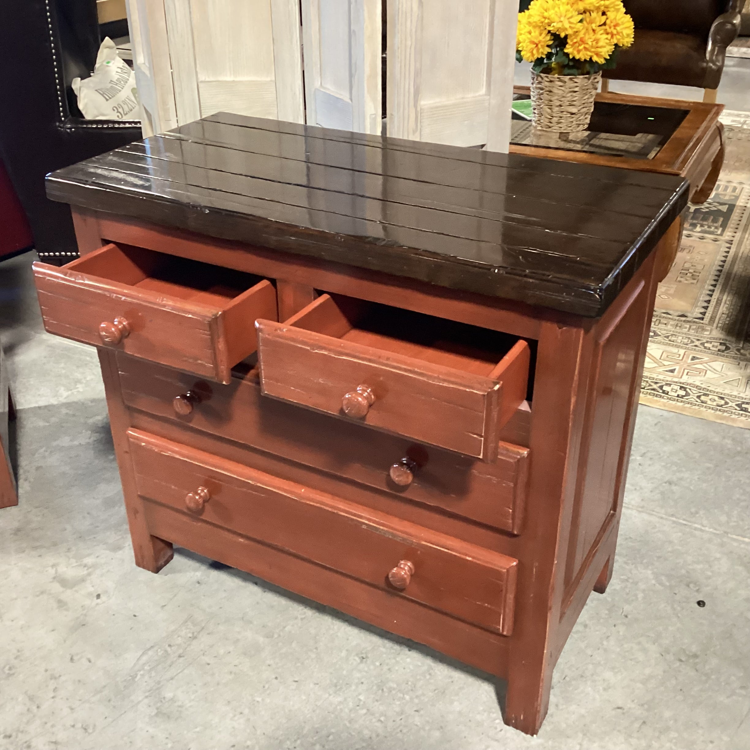 Red & Brown Distressed Finish Solid Wood 4 Drawer Chest 36"x 18"x 32.5"