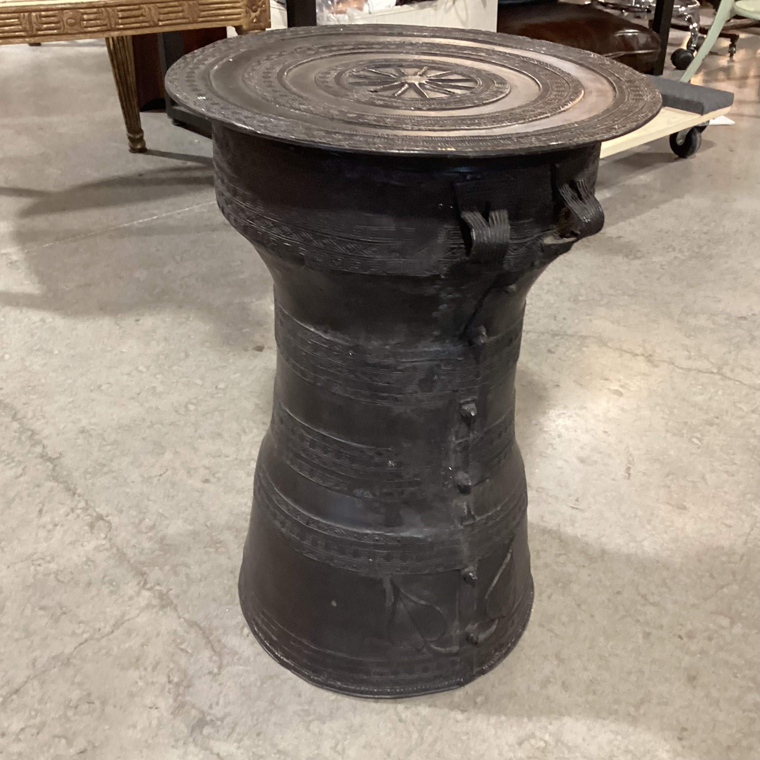 Asian Bronze Rain Drum Style Accent Table 13" Diameter x 18"