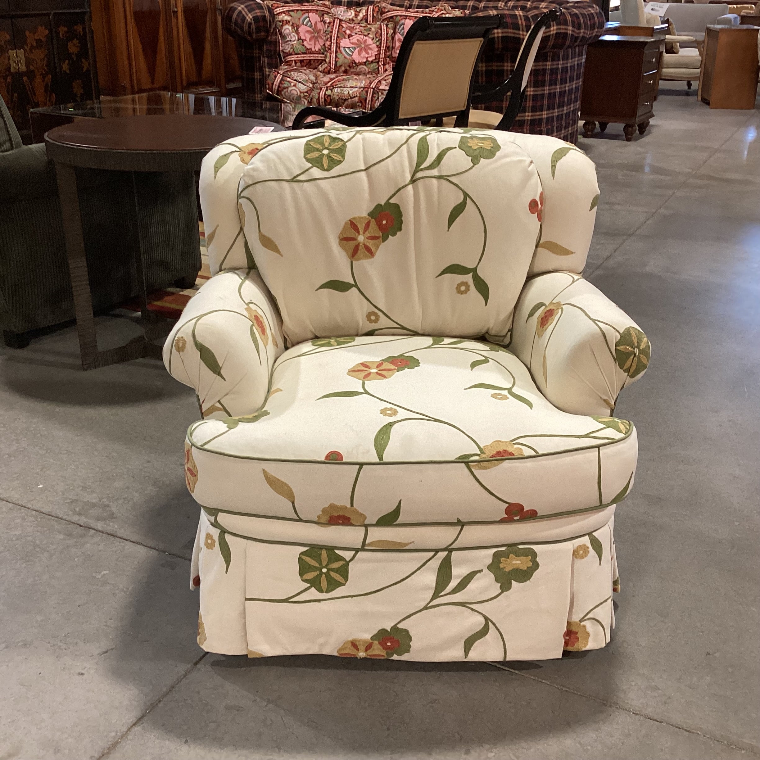 Dindy Foster Interiors Custom Cream with Embroidered Applique Green Gold Rust Floral Chair 35"x 40"x 32"