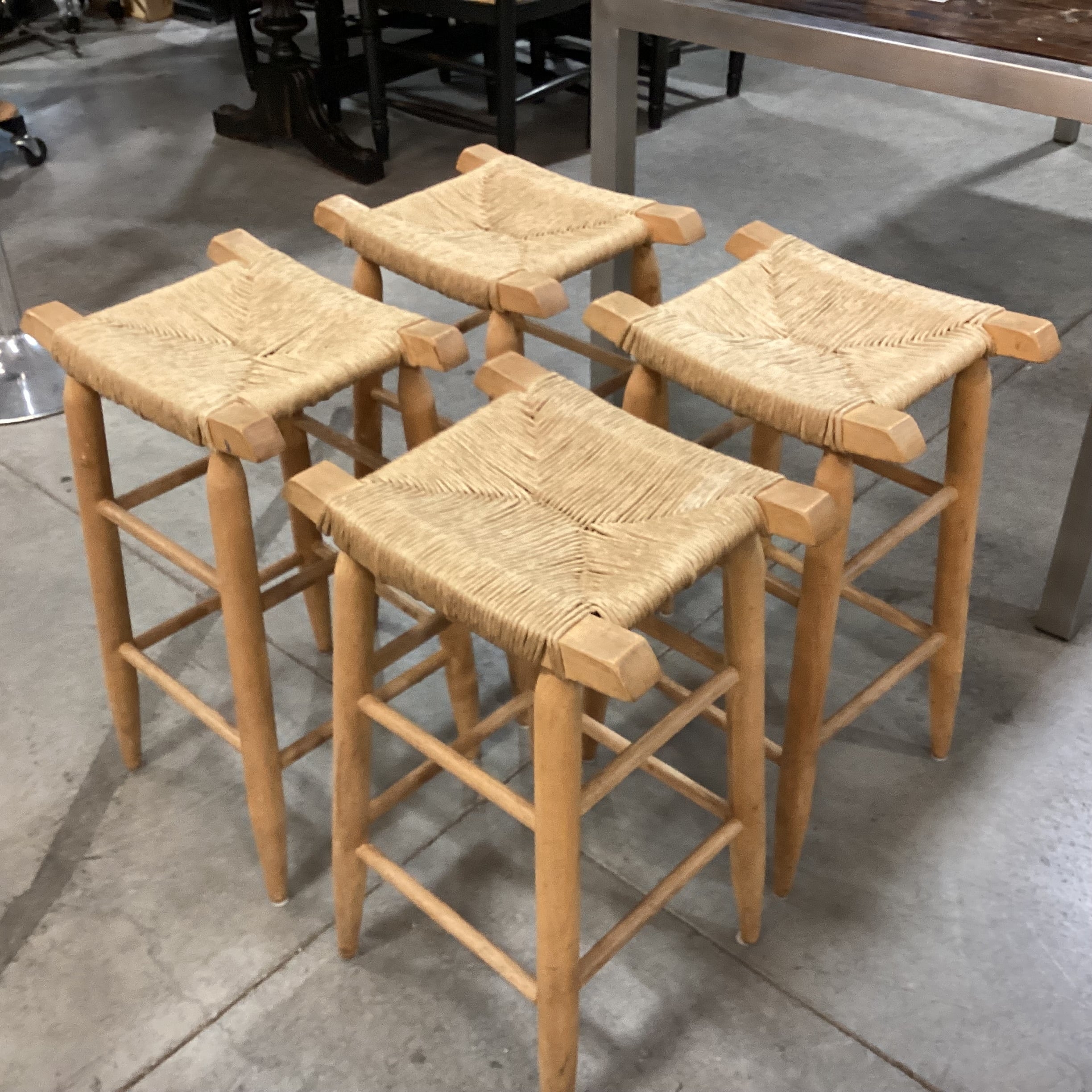 SET of 4 Vintage Natural Wood & Rush Seat Barstools 25"