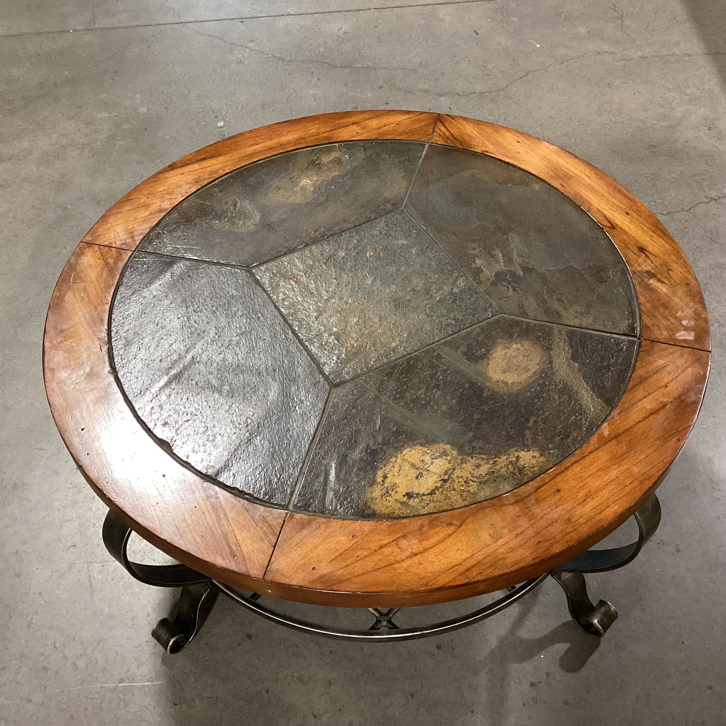 Round Wood Inset Slate Tile & Ornate Metal Base Coffee Table 42" Diameter x 20"