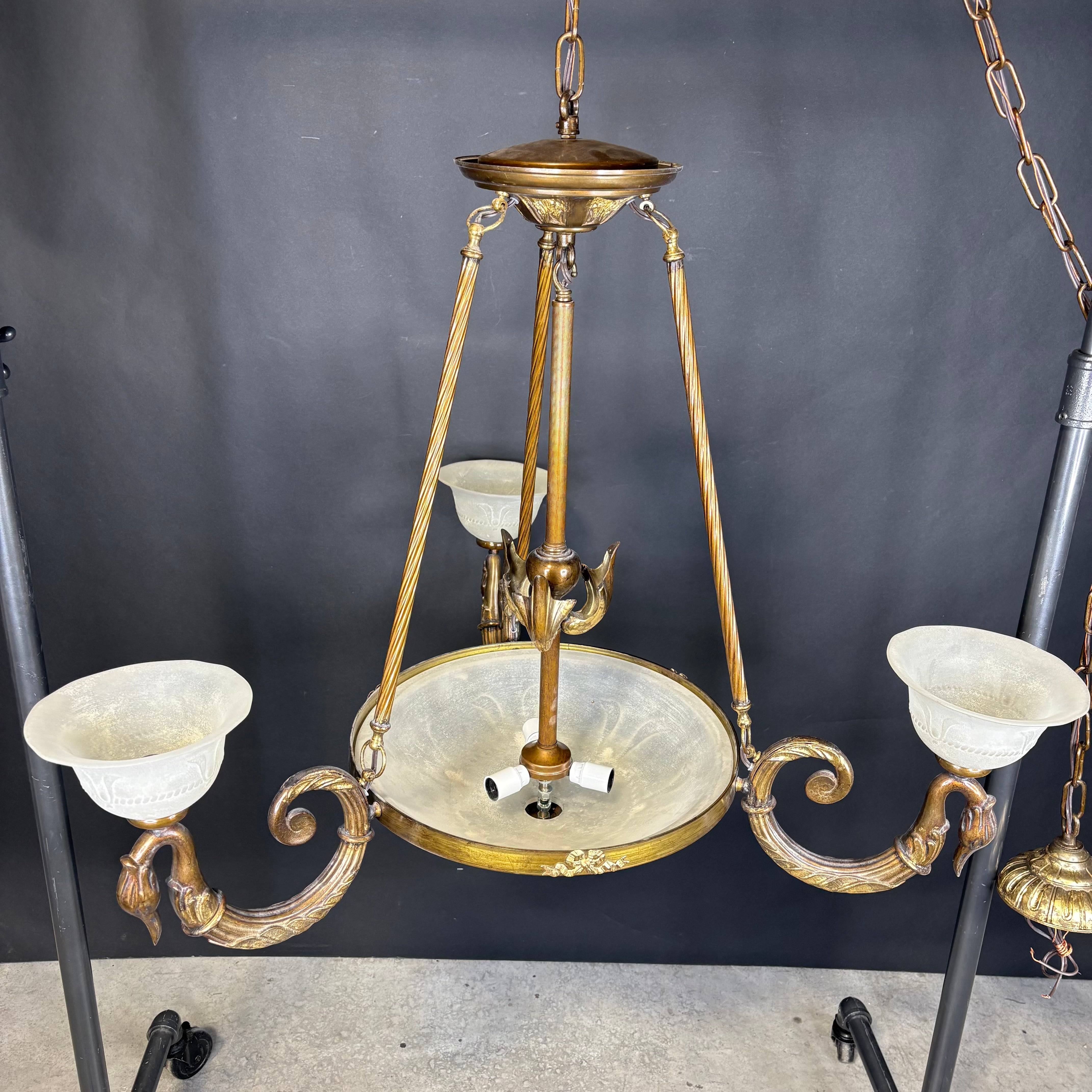 Hollywood Regency Style 6-Light Brass Geese and Glass Chandelier 36” Diameter x 36” -115”
