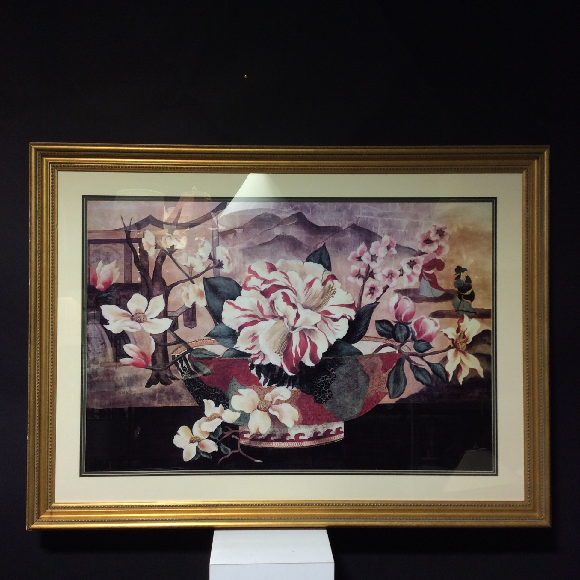 Japanese Floral Arrangement Print In Gold Plexiglass Frame 57" x 42"