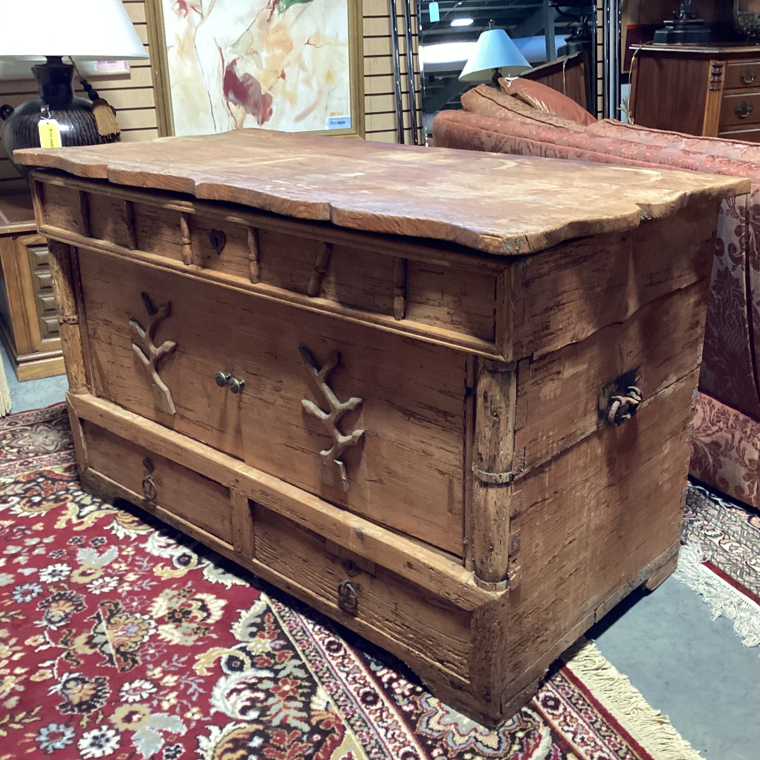 Antique Carved Pine with Repurposed Drawers Chest Trunk 52"x 28"x 33"