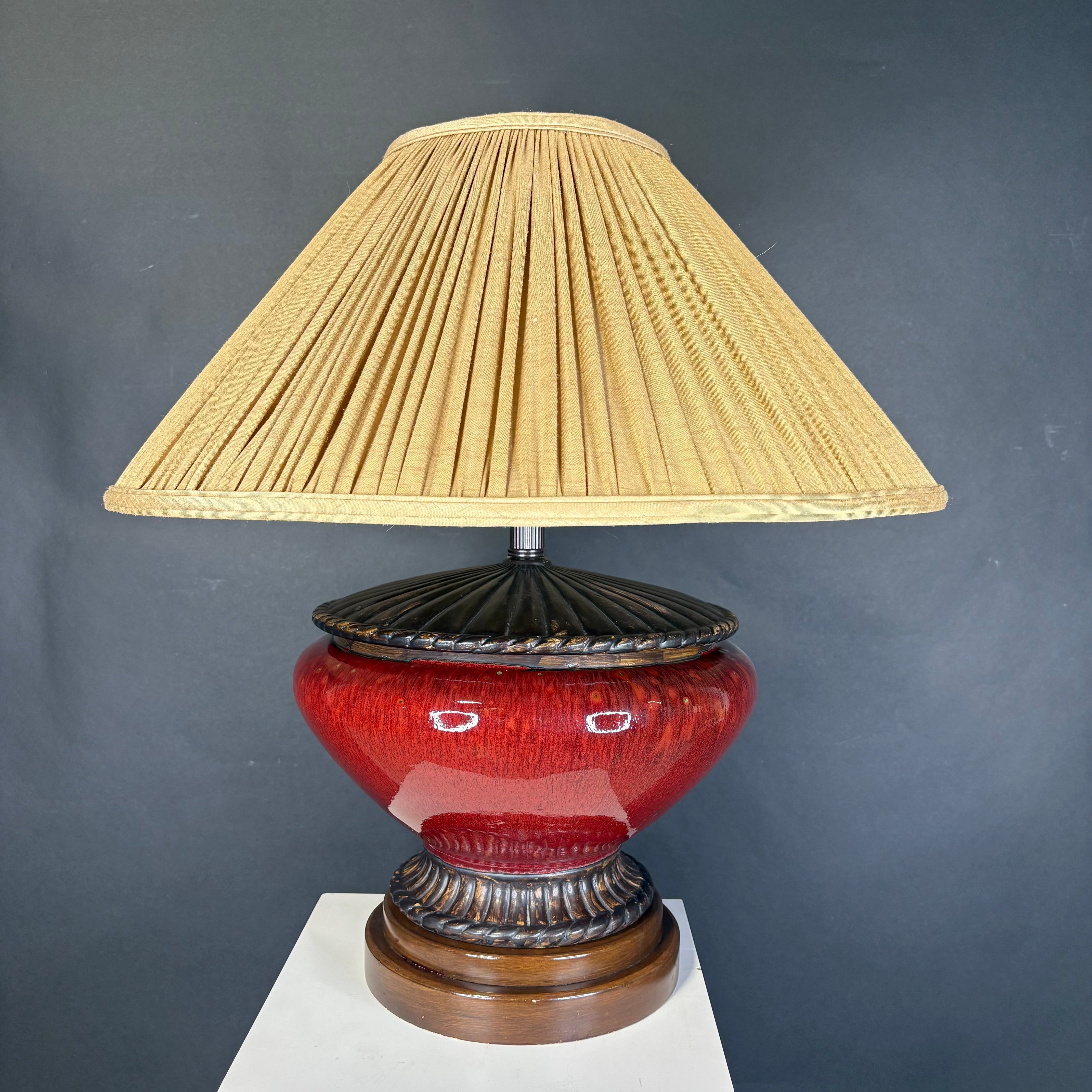 Frederick Cooper Red/Gold Ceramic and Wood with Shade Table Lamp 22” Diameter @ Shade x 23”