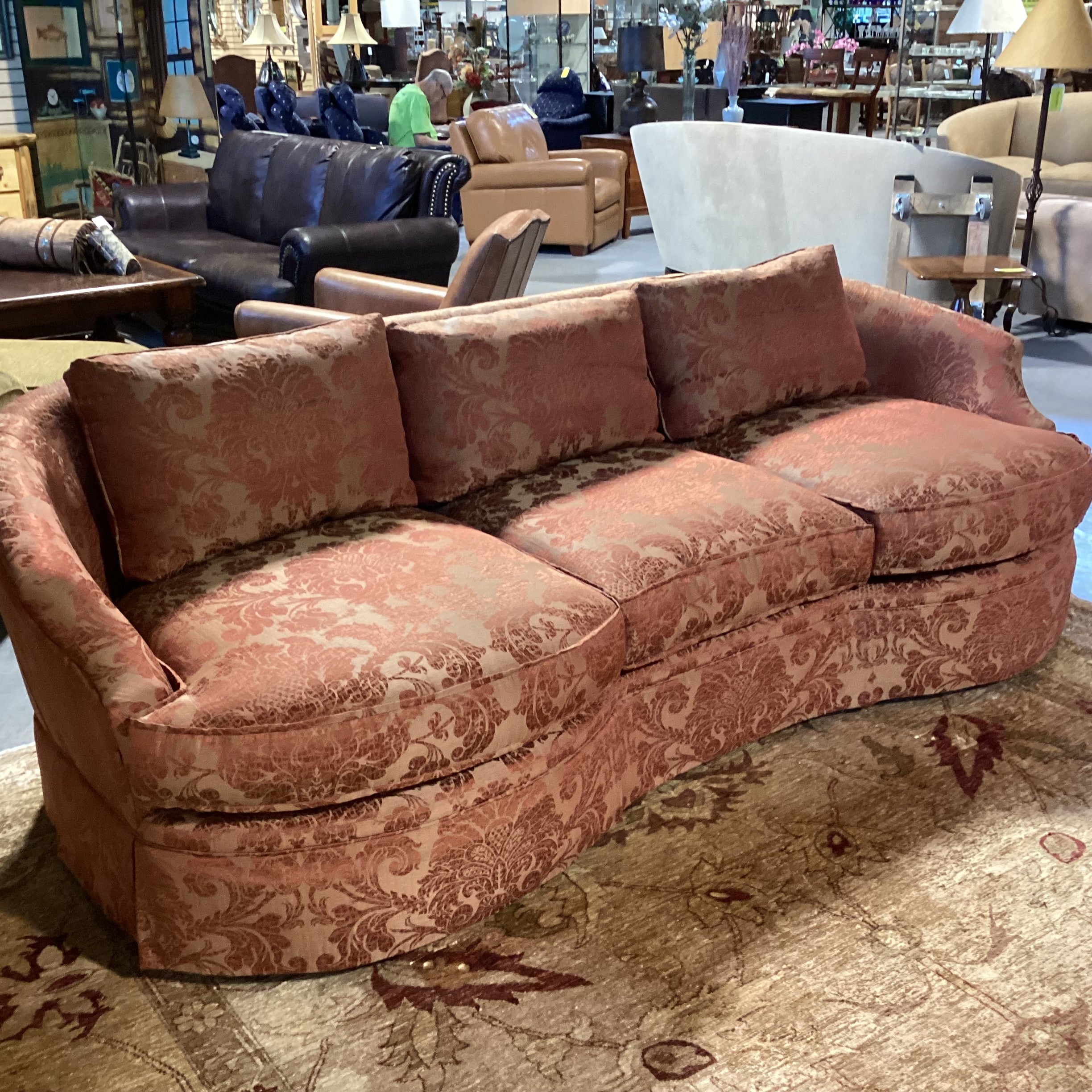 Custom Golden Burnt Orange Ornate Silky Metallic Floral Down Mix Curved Sofa 101"x 44"x 32"