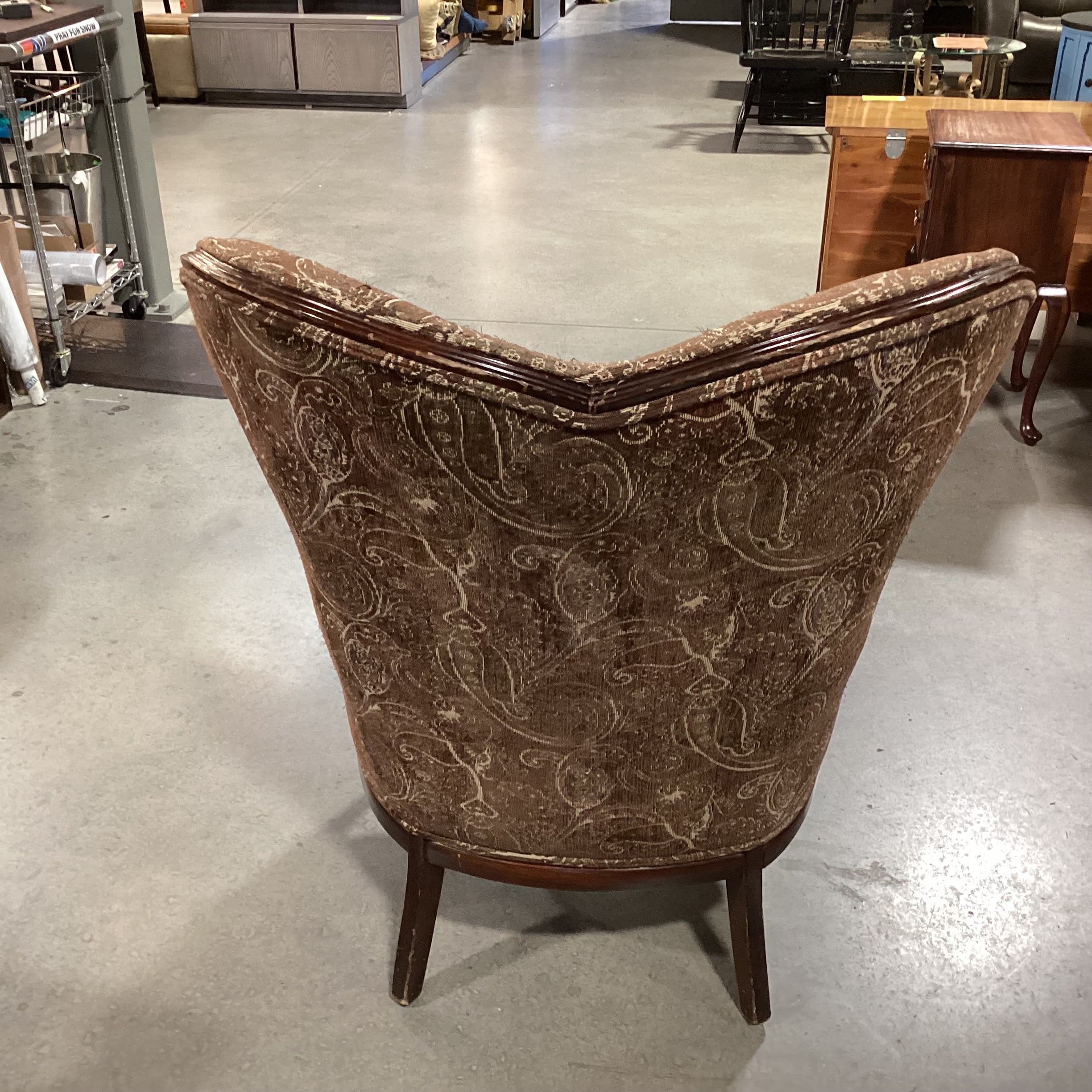 Vintage Brown Tones Paisley & Carved Wood Wing Chair 26"x 36"x 43"